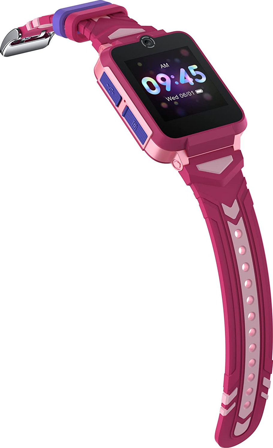 Montre connectée rose avec écran affichant l'heure, sur bracelet rose.
