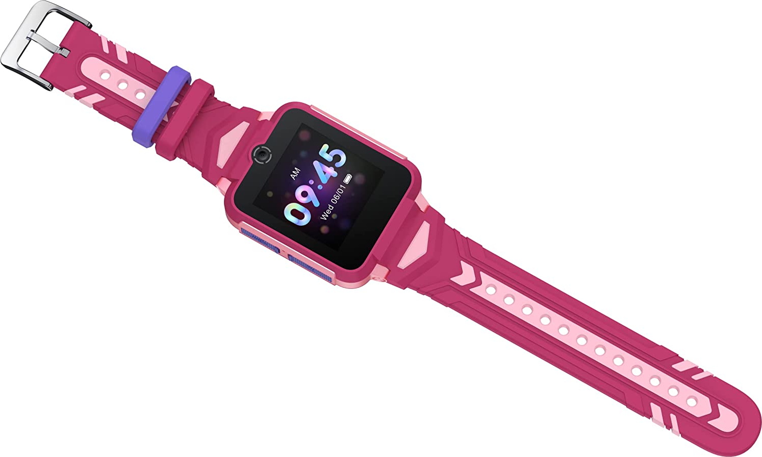 Smartwatch rose avec bracelet, affichant l'heure et la date à l'écran.