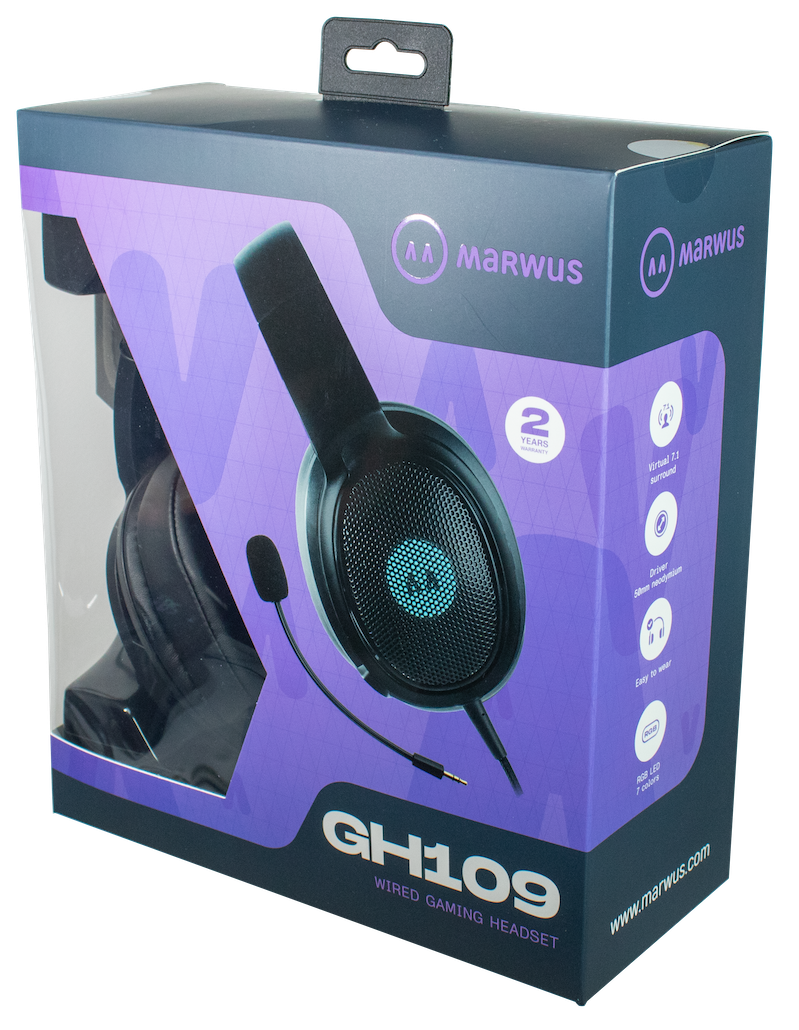 Gaming headset doboz. Fekete headset mikrofonnal és a funkciók felsorolásával.