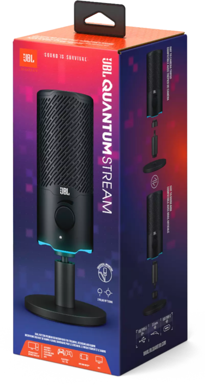 JBL Quantum Stream mikrofon doboz. A doboz piros, kék és fekete, a mikrofonnal és a tartozékokkal.
