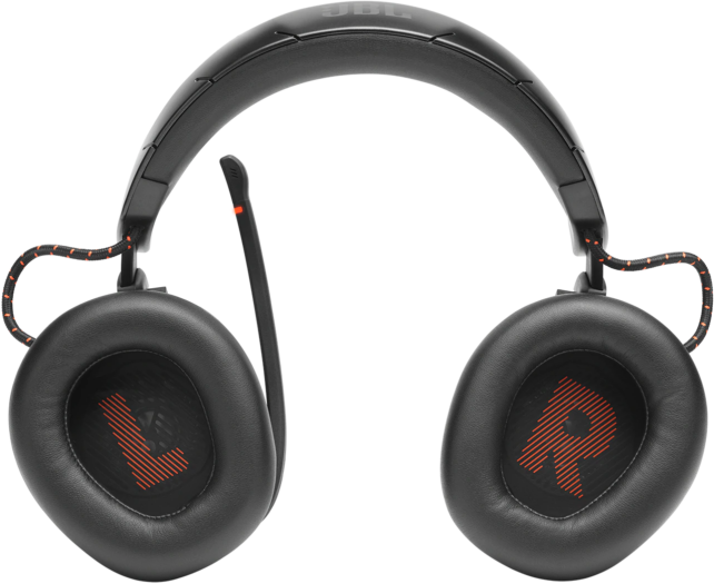 Fekete JBL gaming fejhallgató mikrofonnal. Az L és R betűk a fülkagylókon vannak jelölve.