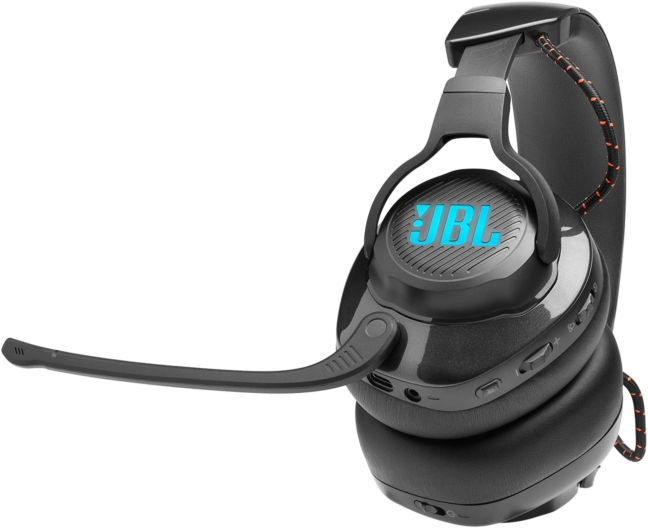 Fekete JBL gamer headset mikrofonnal, narancssárga kábellel, kék JBL logóval.