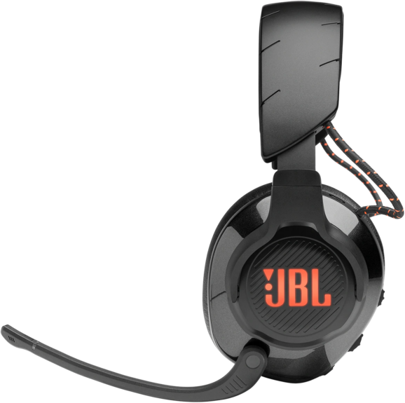Fekete JBL gaming headset narancssárga részletekkel és mikrofonnal.