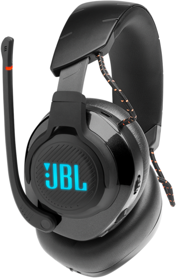 Fekete JBL gaming headset mikrofonnal és narancssárga részletekkel.