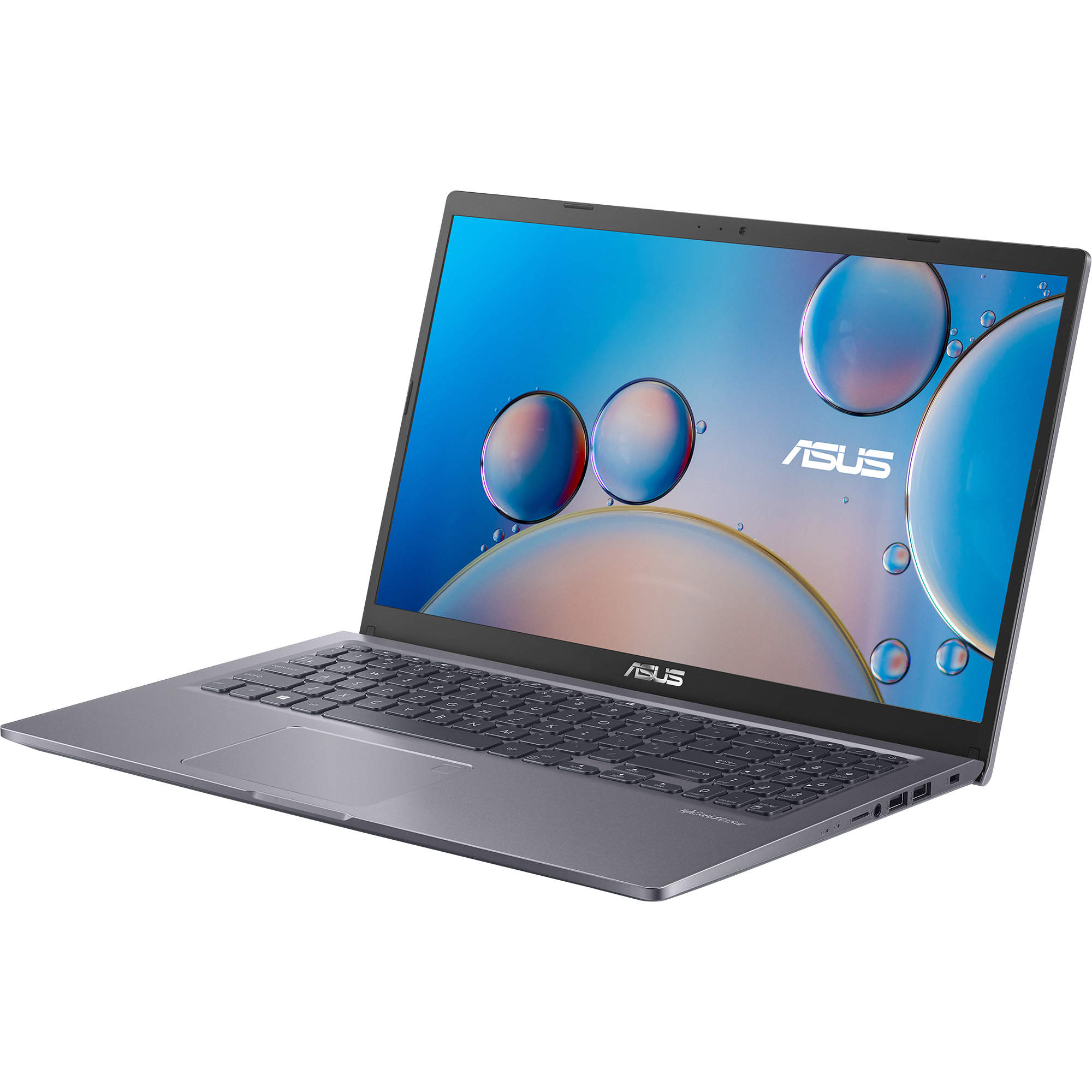 Una computadora portátil con fondo azul sobre una superficie blanca.