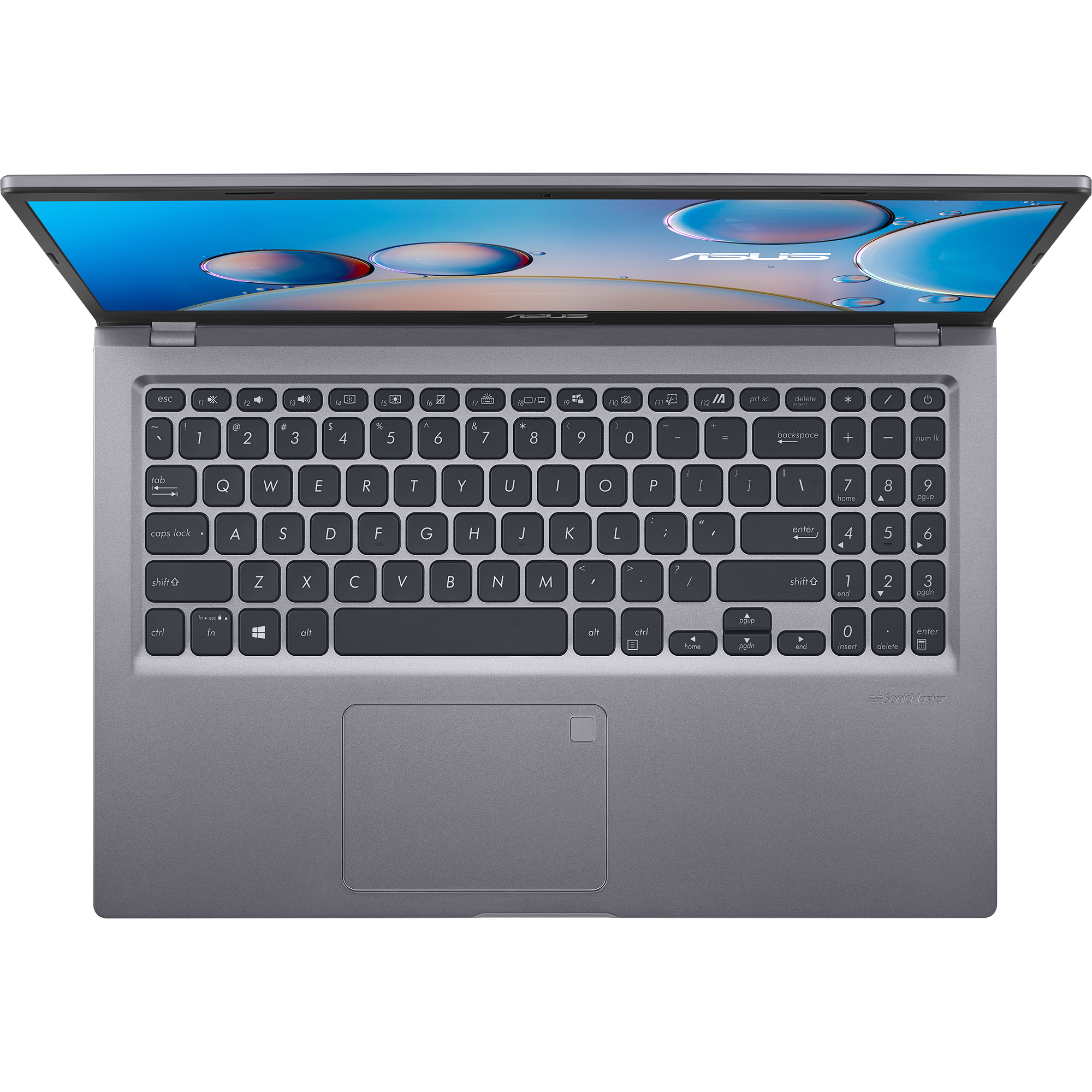 Un portátil plateado con la pantalla abierta, mostrando un escritorio con fondo de gotas de agua y un teclado.