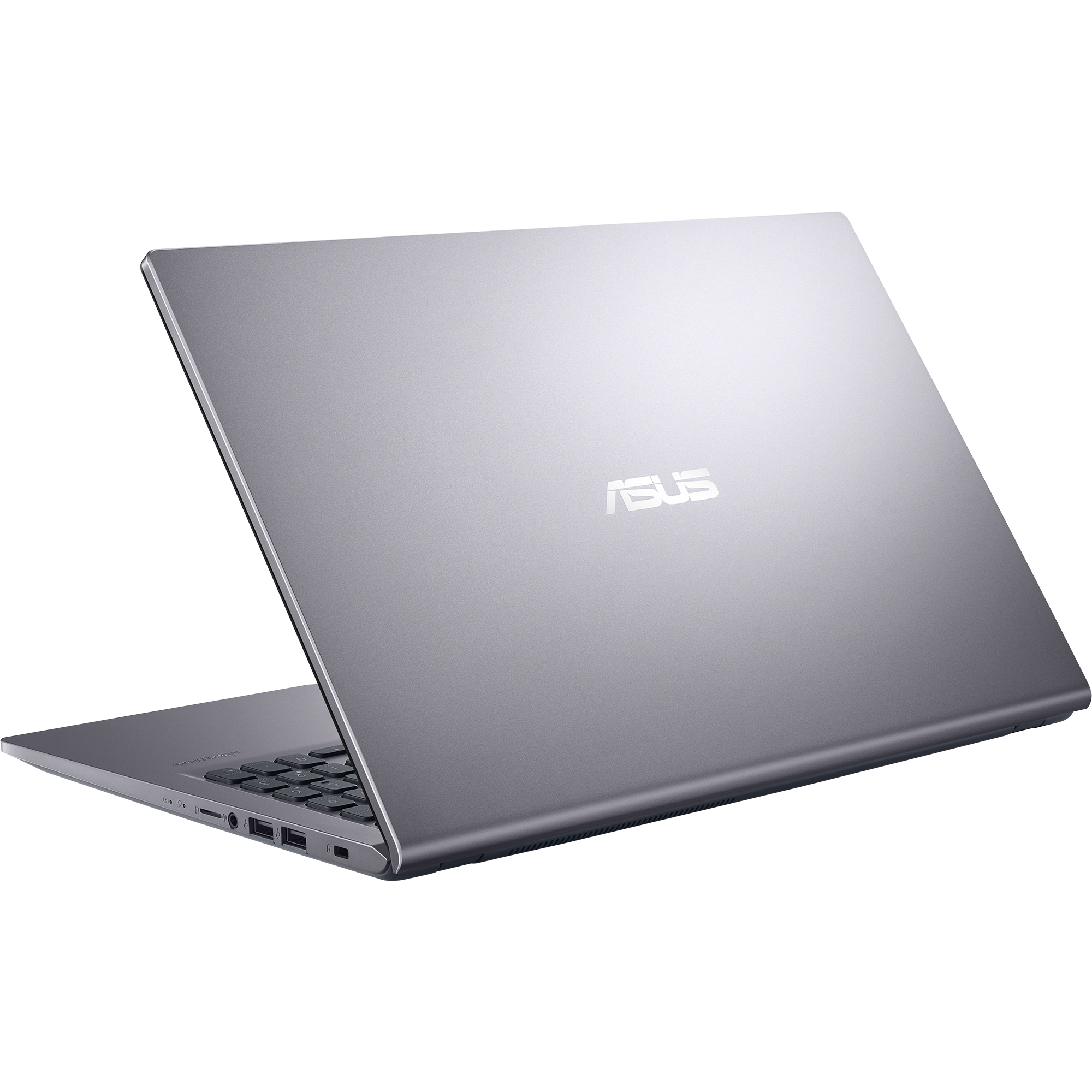 Un portátil gris con el logotipo de ASUS en la parte trasera, visto desde un ángulo sobre fondo blanco.