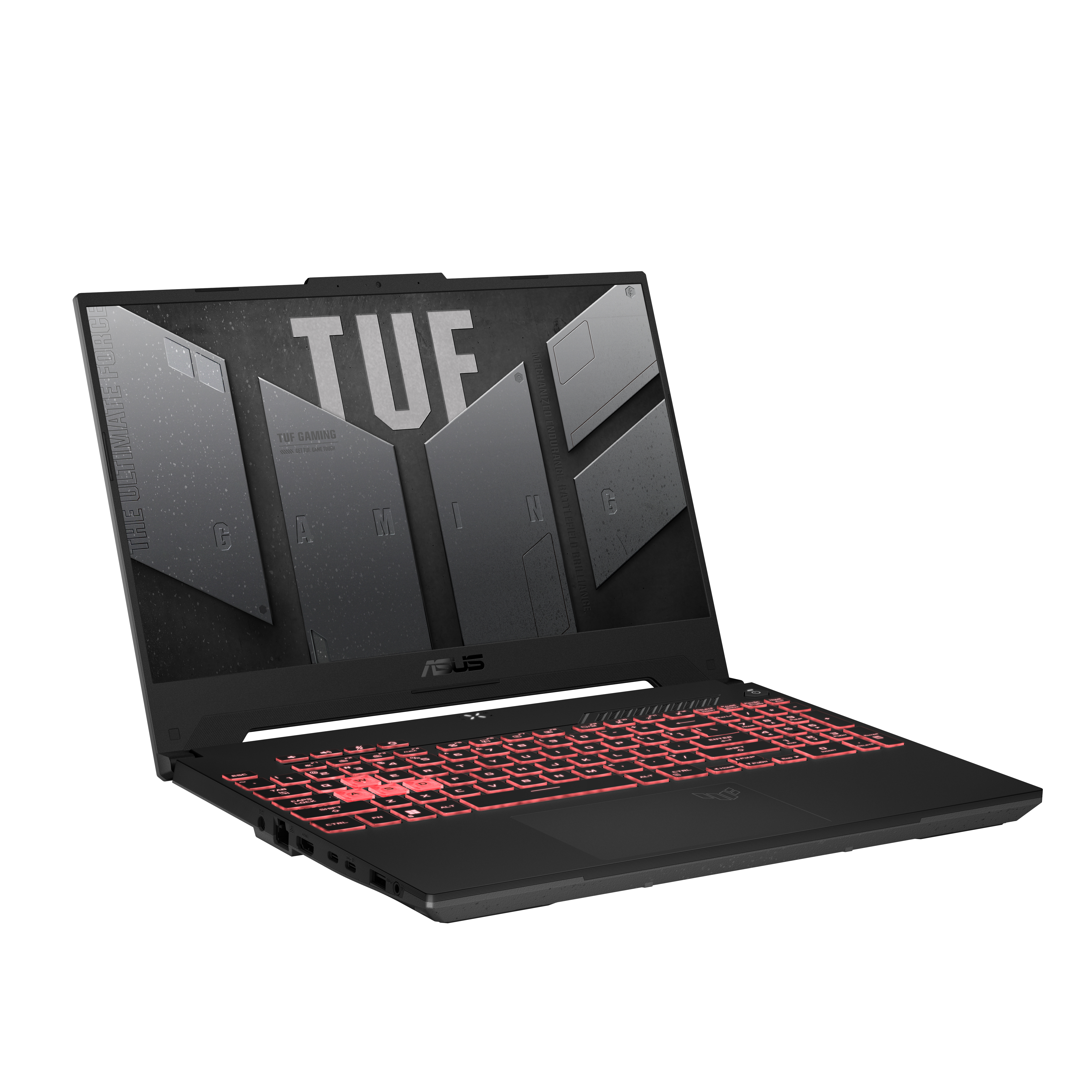 Un portátil ASUS TUF negro para juegos con teclado retroiluminado rojo, abierto sobre fondo blanco.