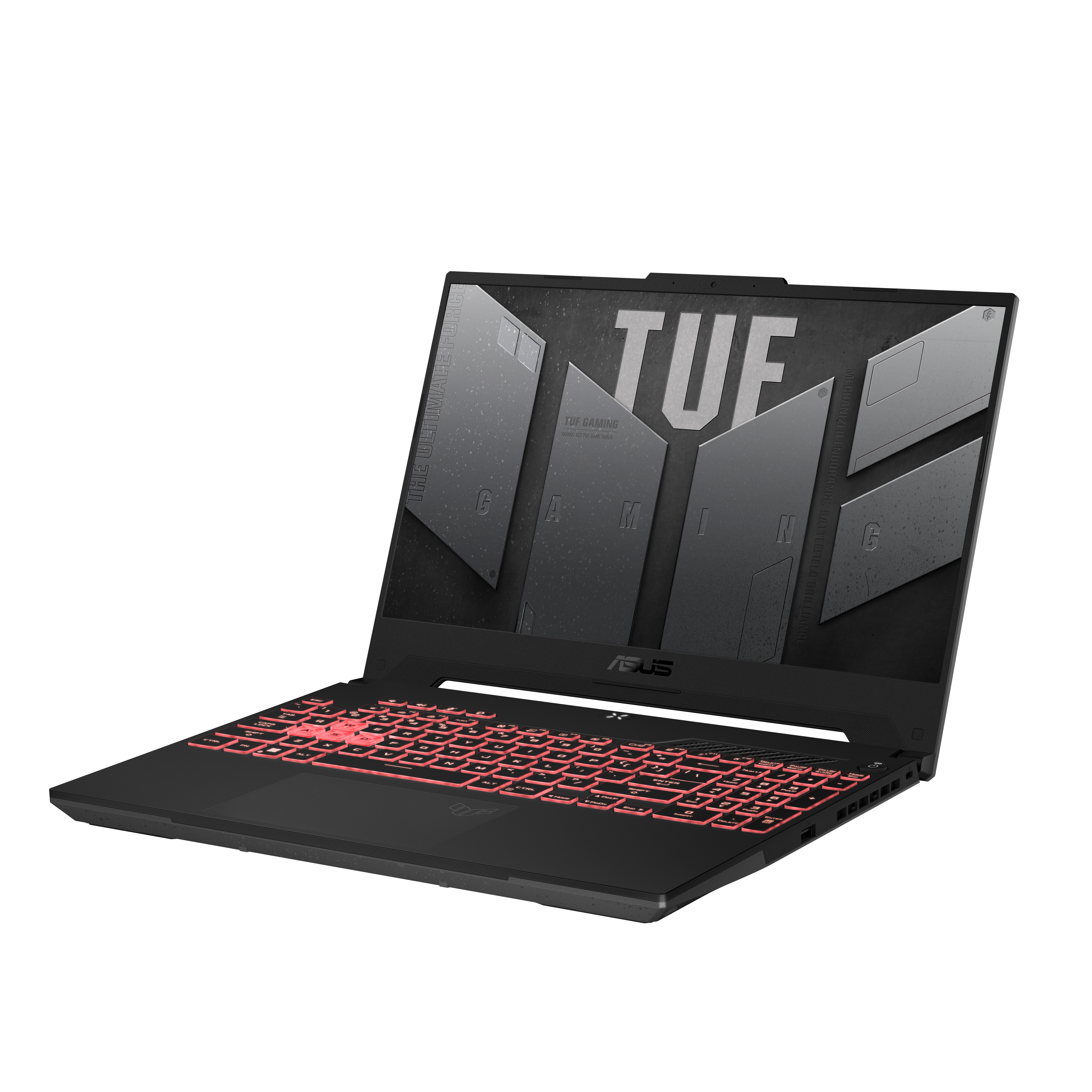 Portátil ASUS TUF Gaming negro, abierto con teclado rojo y pantalla gris mostrando gráficos.