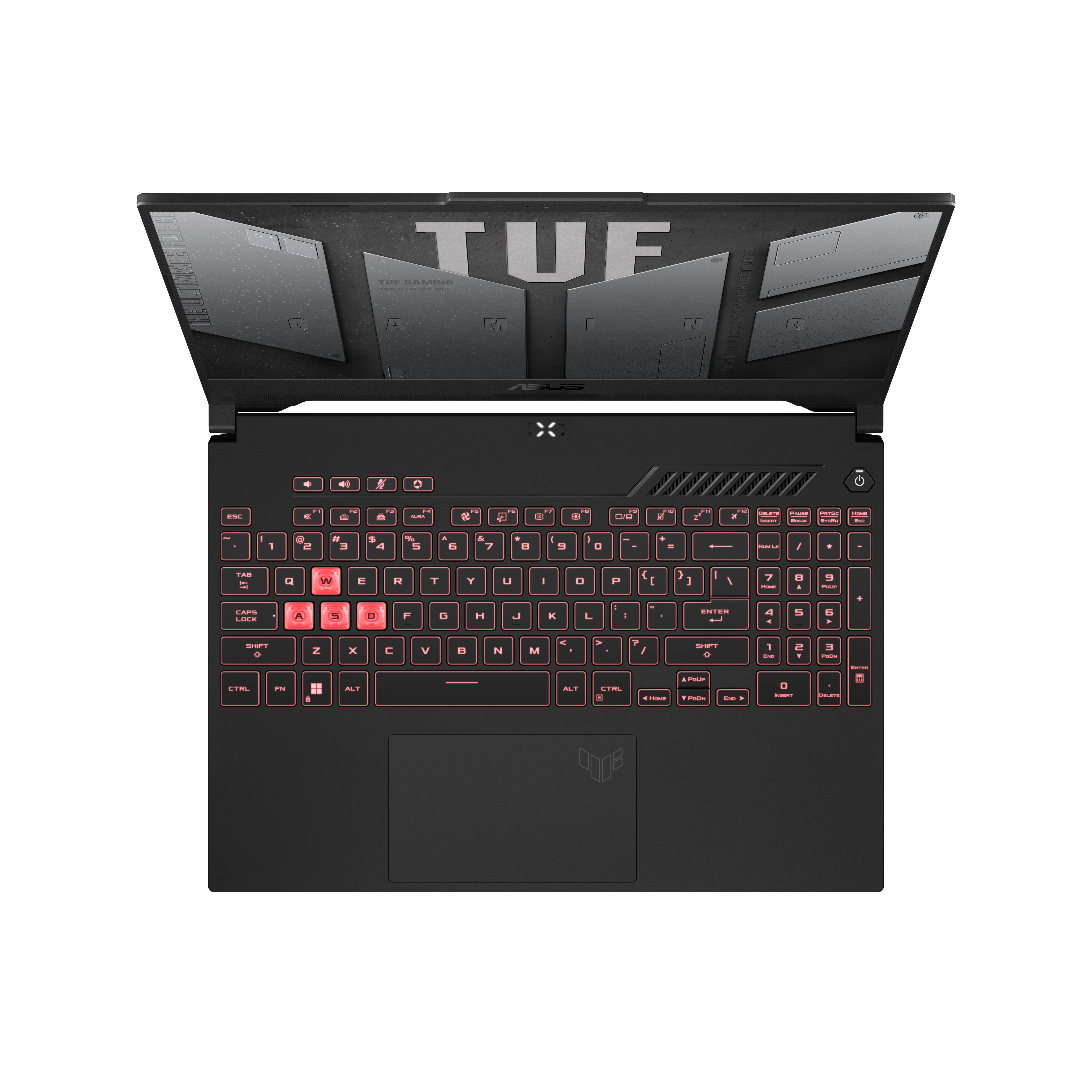 Un portátil negro abierto, con teclado iluminado en rojo. La pantalla muestra un logotipo. El teclado tiene teclas rosas.