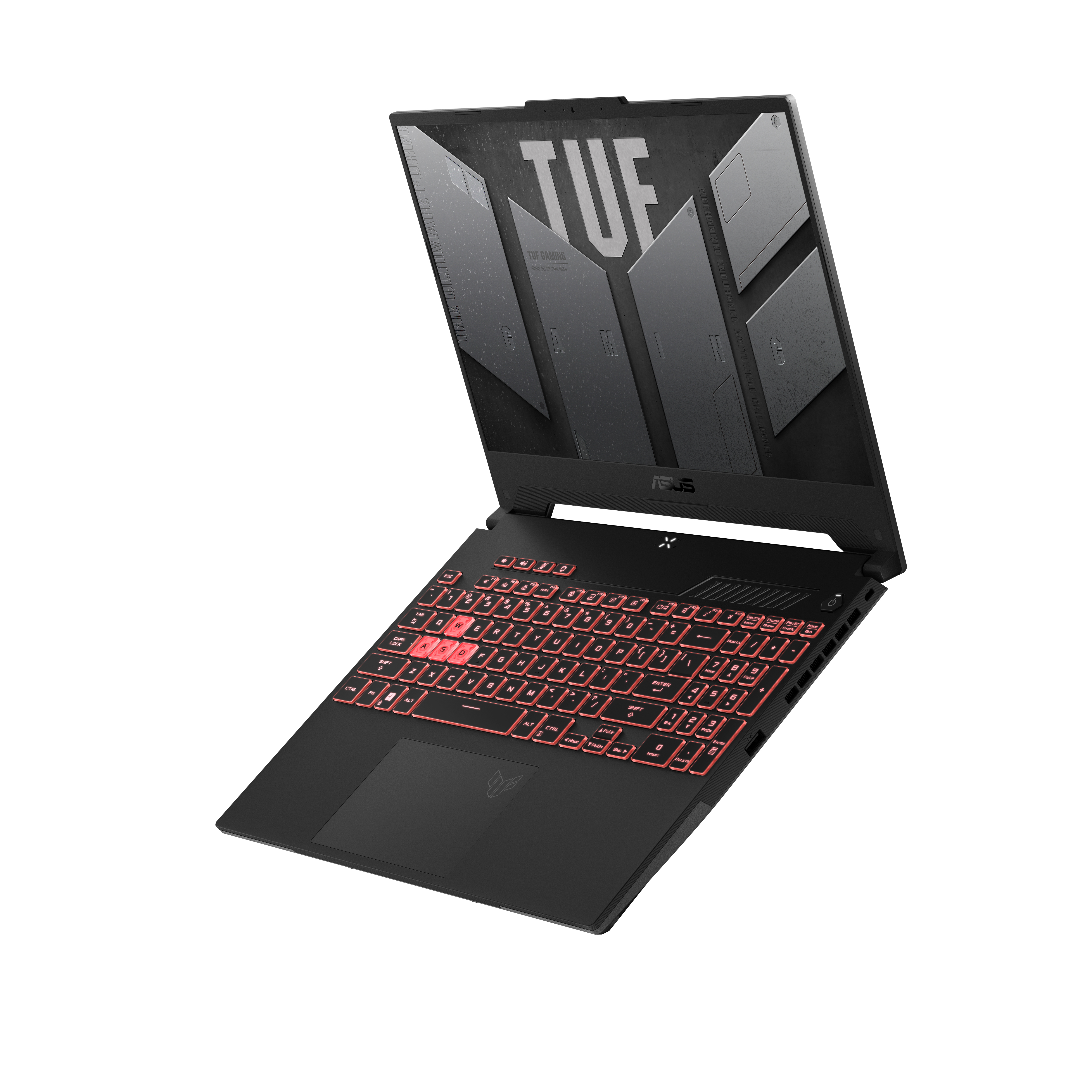 Portátil negro con pantalla abierta, teclado retroiluminado rojo y logo ASUS.