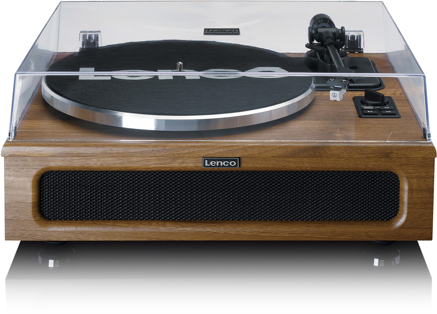 A wooden turntable with a clear cover, with the brand name Lenco.