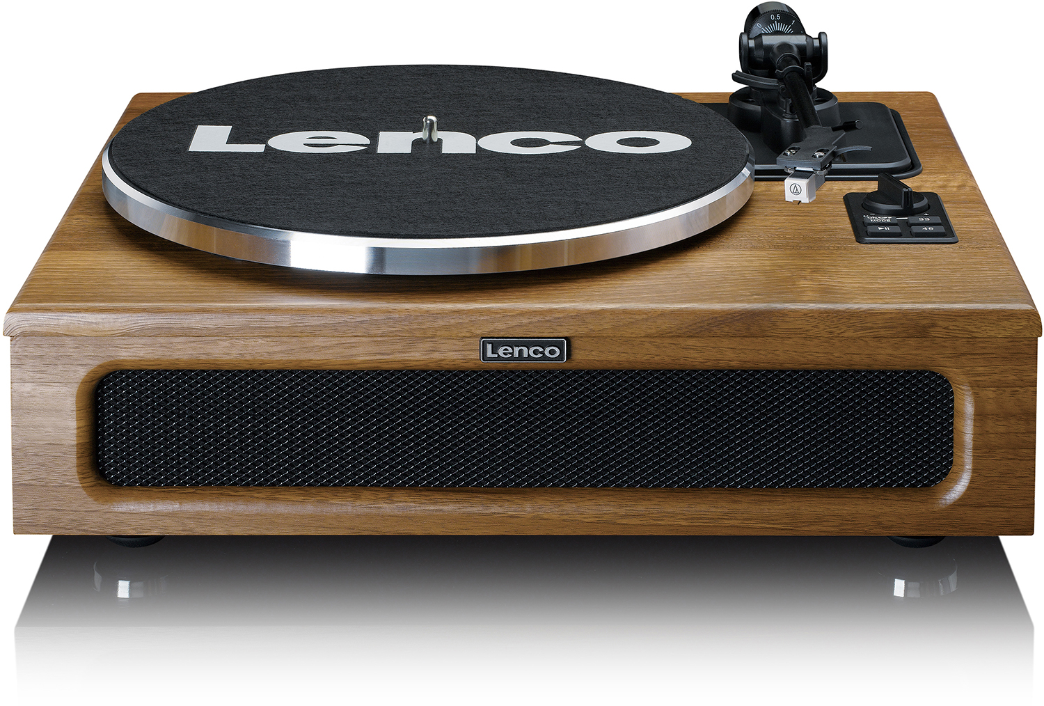 Wooden Lenco turntable with a black record, silver rim, and black speaker.