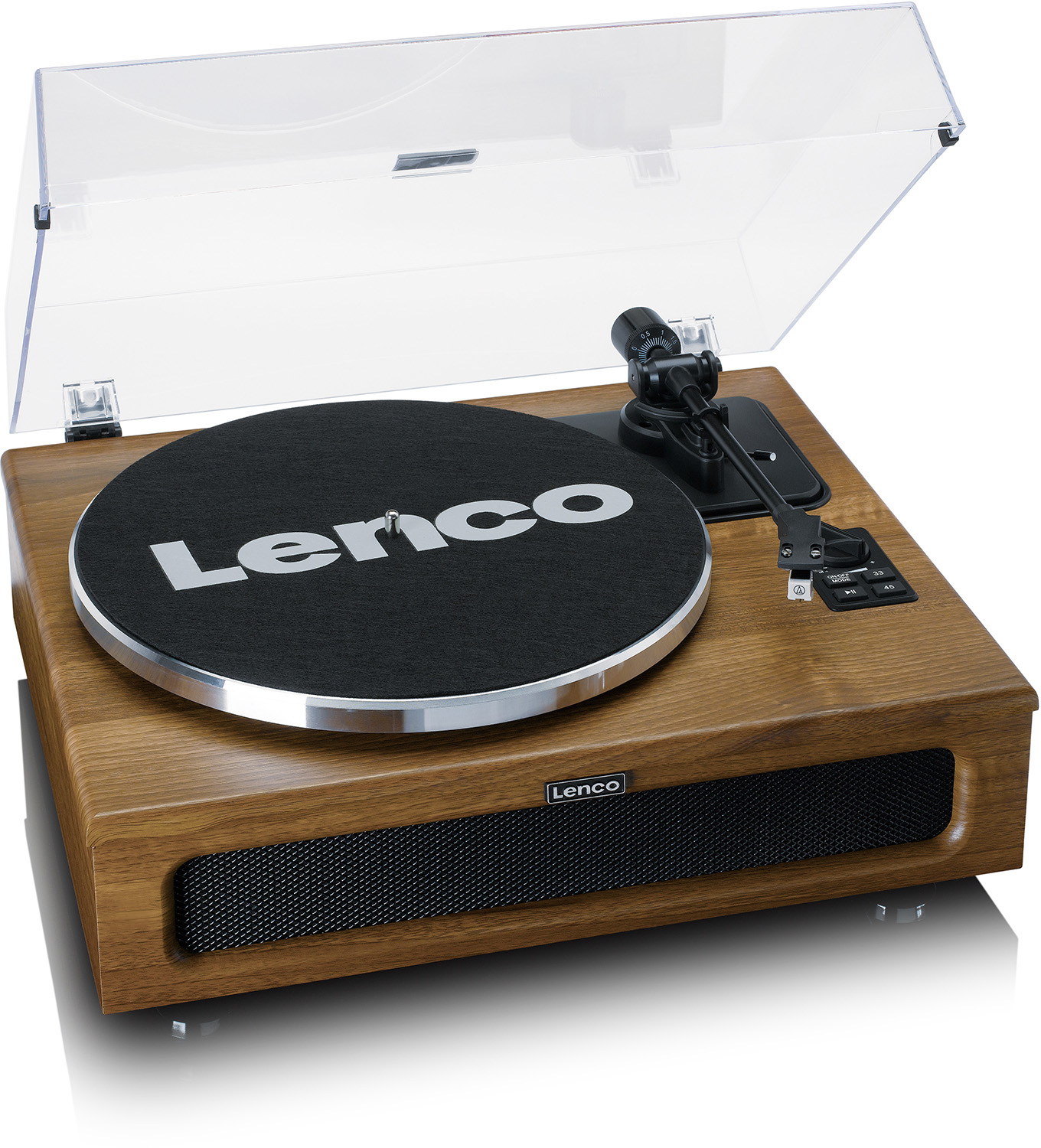 Wooden Lenco turntable with a clear cover, black record, silver rim, and black speaker.