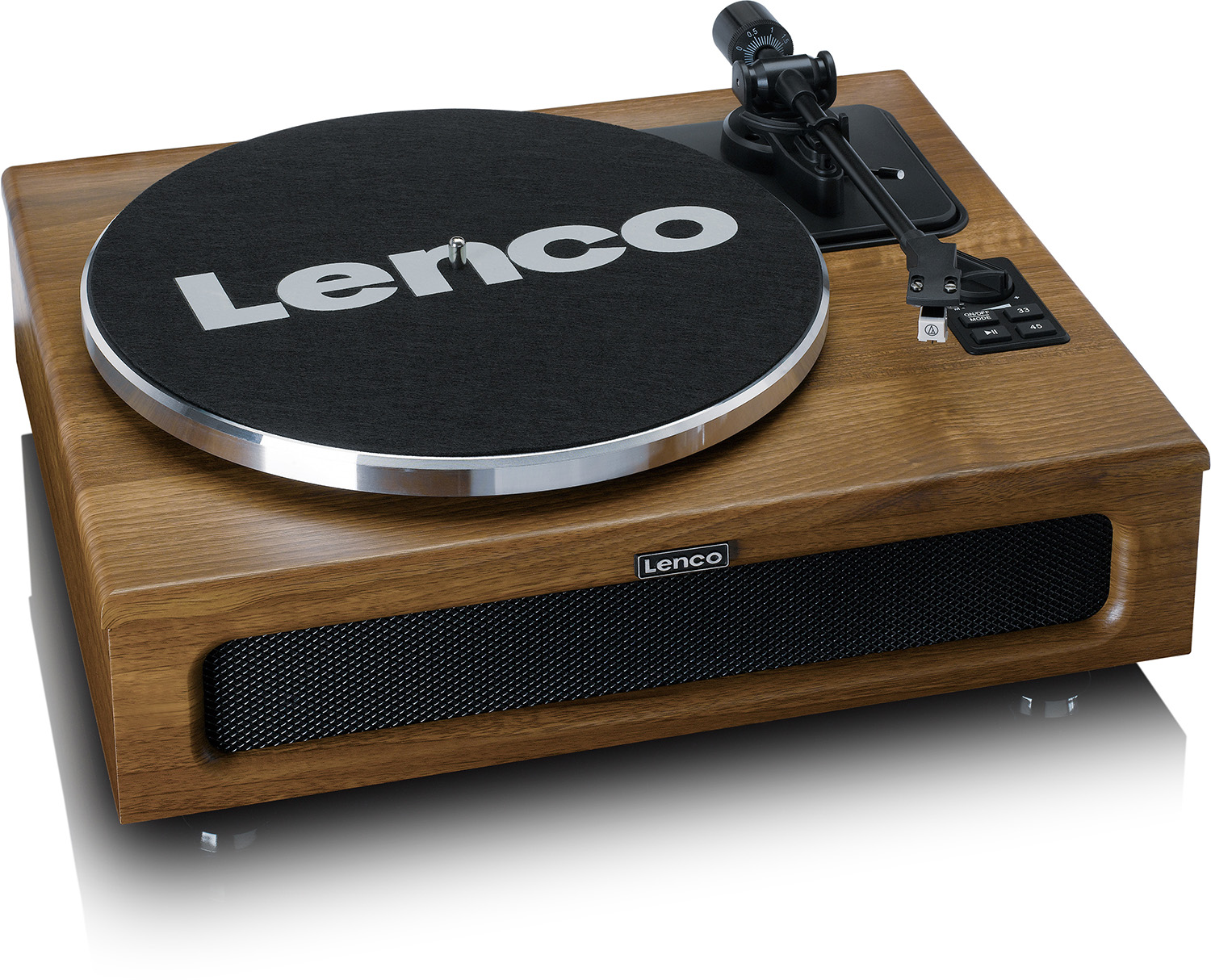 Wooden turntable with a black platter and Lenco logo.