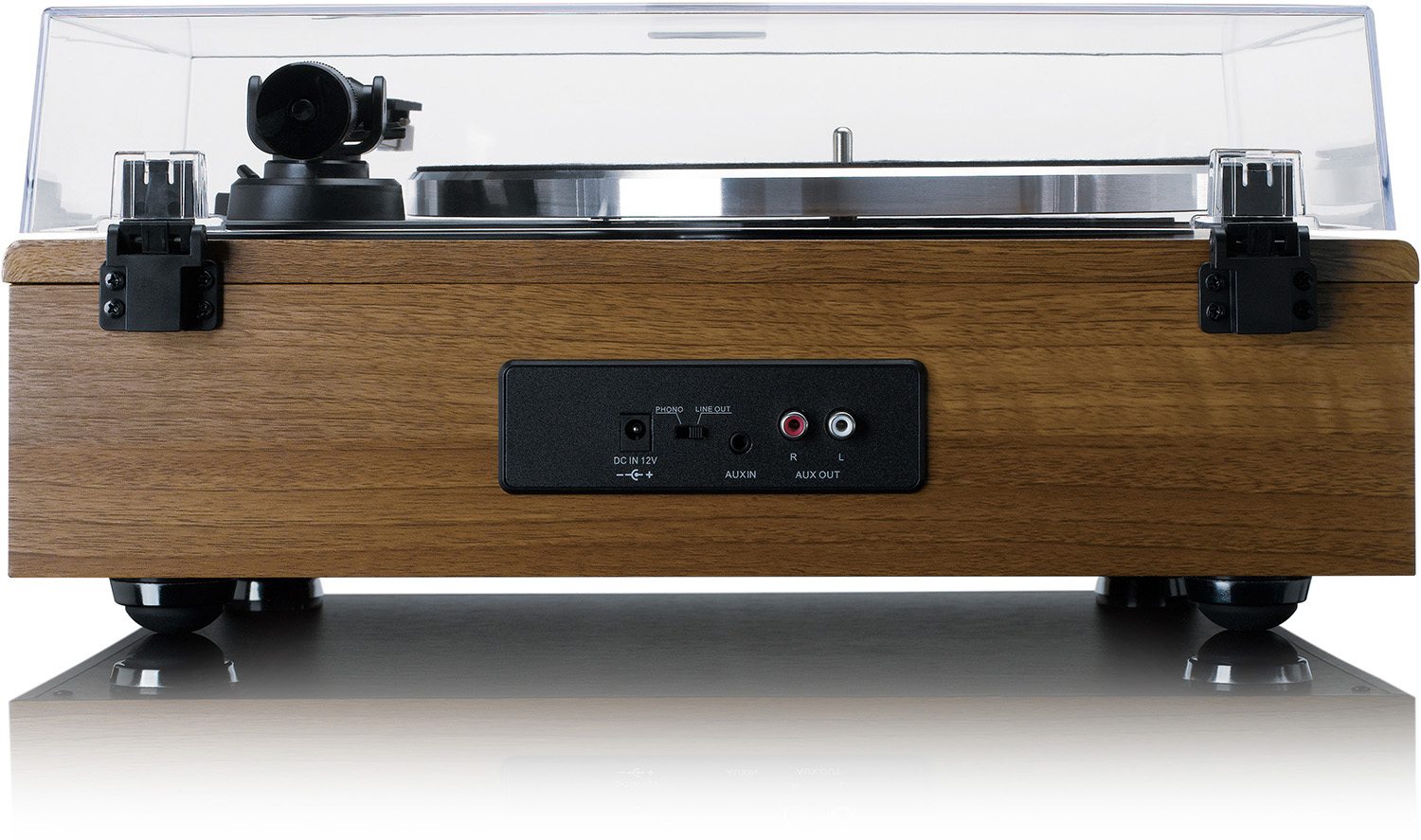 Turntable with a wooden base, buttons and connection ports visible.