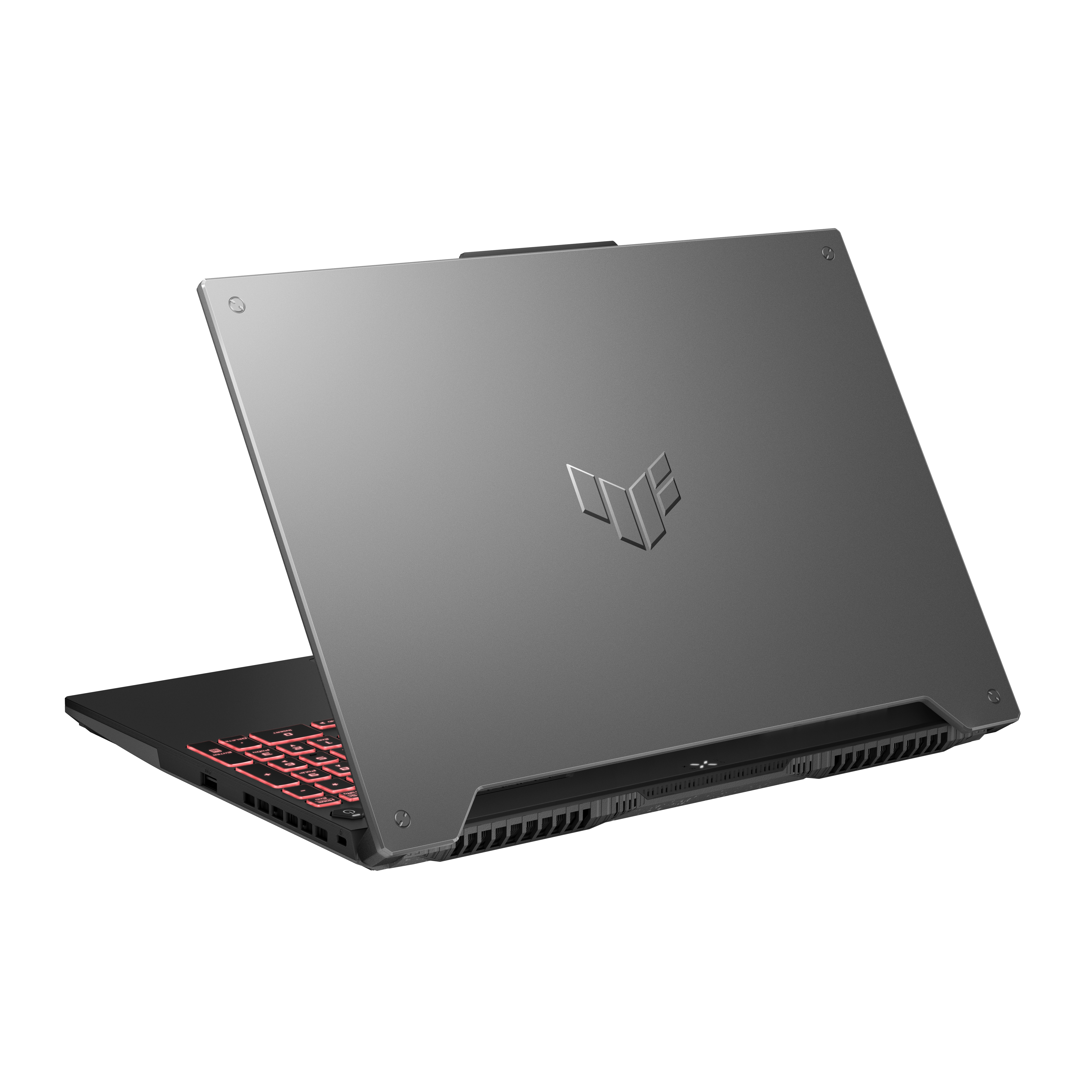 Portátil ASUS gris, ligeramente abierto. Luces rojas del teclado. Fondo blanco.
