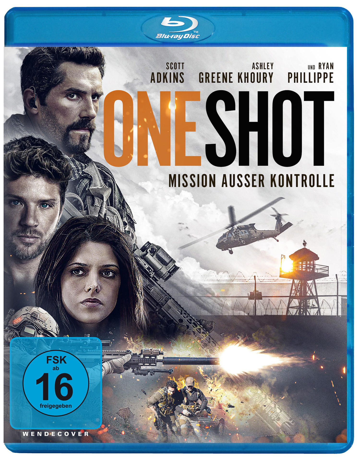 Filmplakat: 'One Shot' mit Schauspielern. Hintergrund zeigt einen Hubschrauber, Militärpersonal und einen Wachturm.