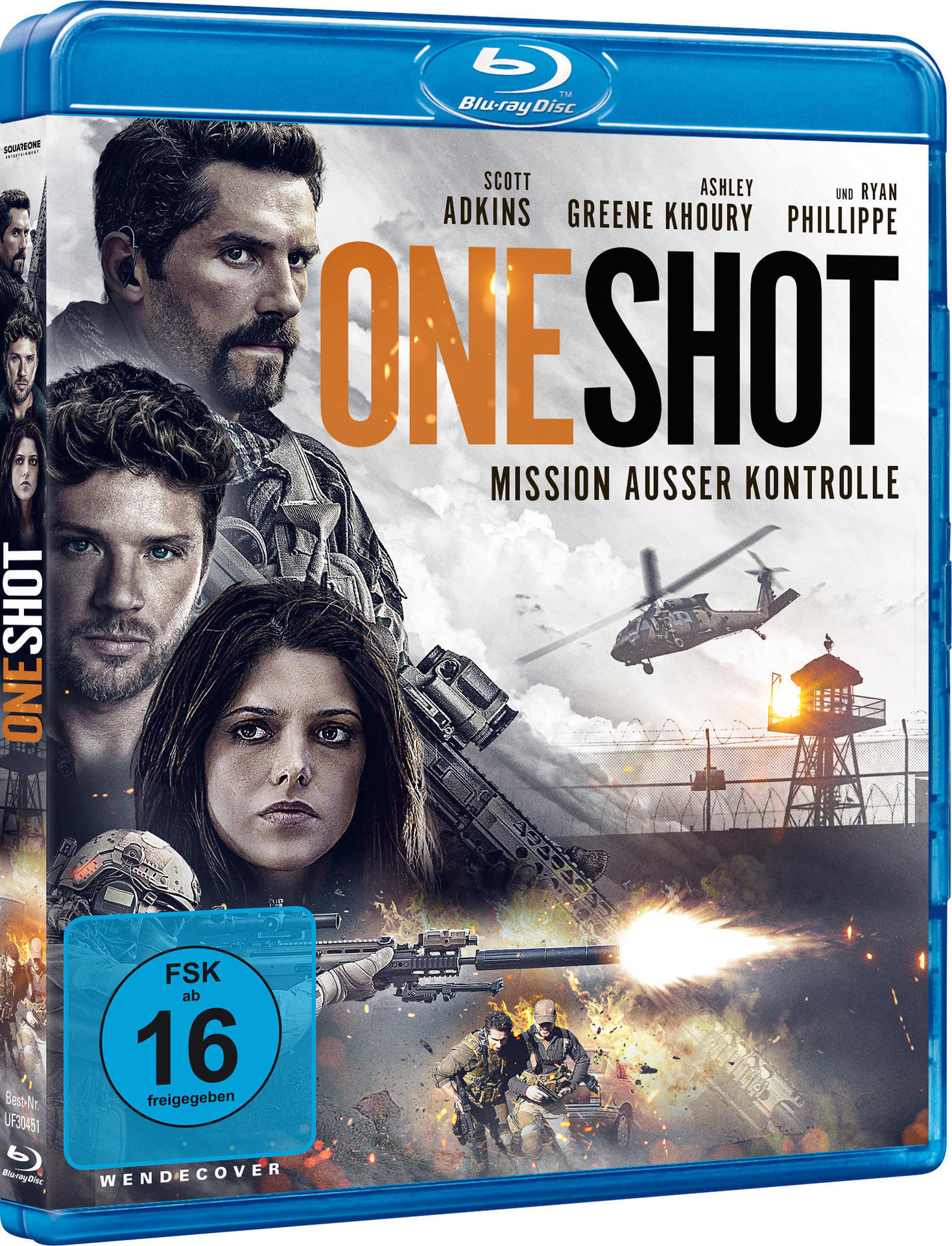 Blu-ray-Cover des Films 'One Shot'. Mit Schauspielern und einem Hubschrauber.
