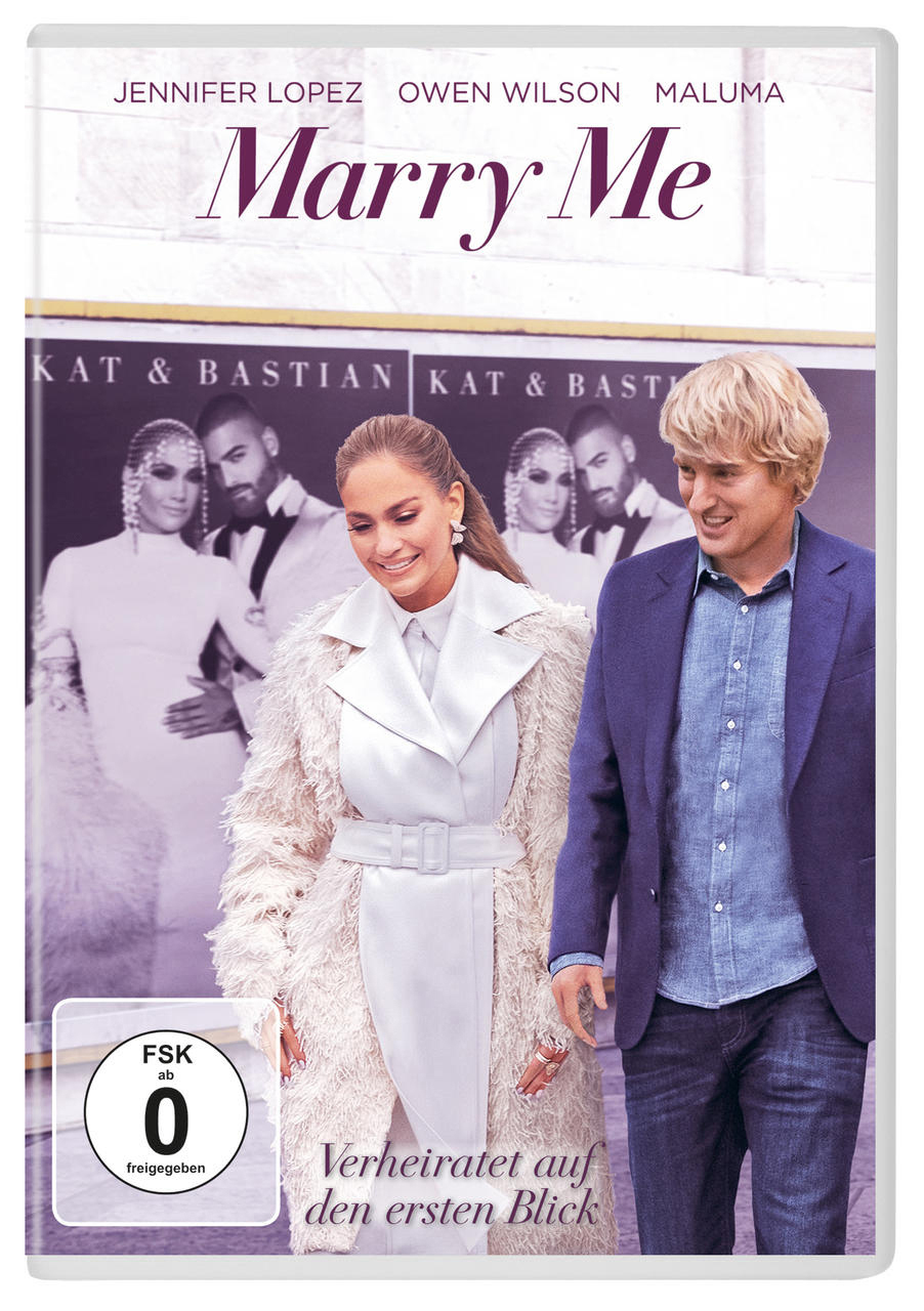 DVD-Cover mit Jennifer Lopez und Owen Wilson. Titel: Marry Me. Sie stehen vor einer Menge.