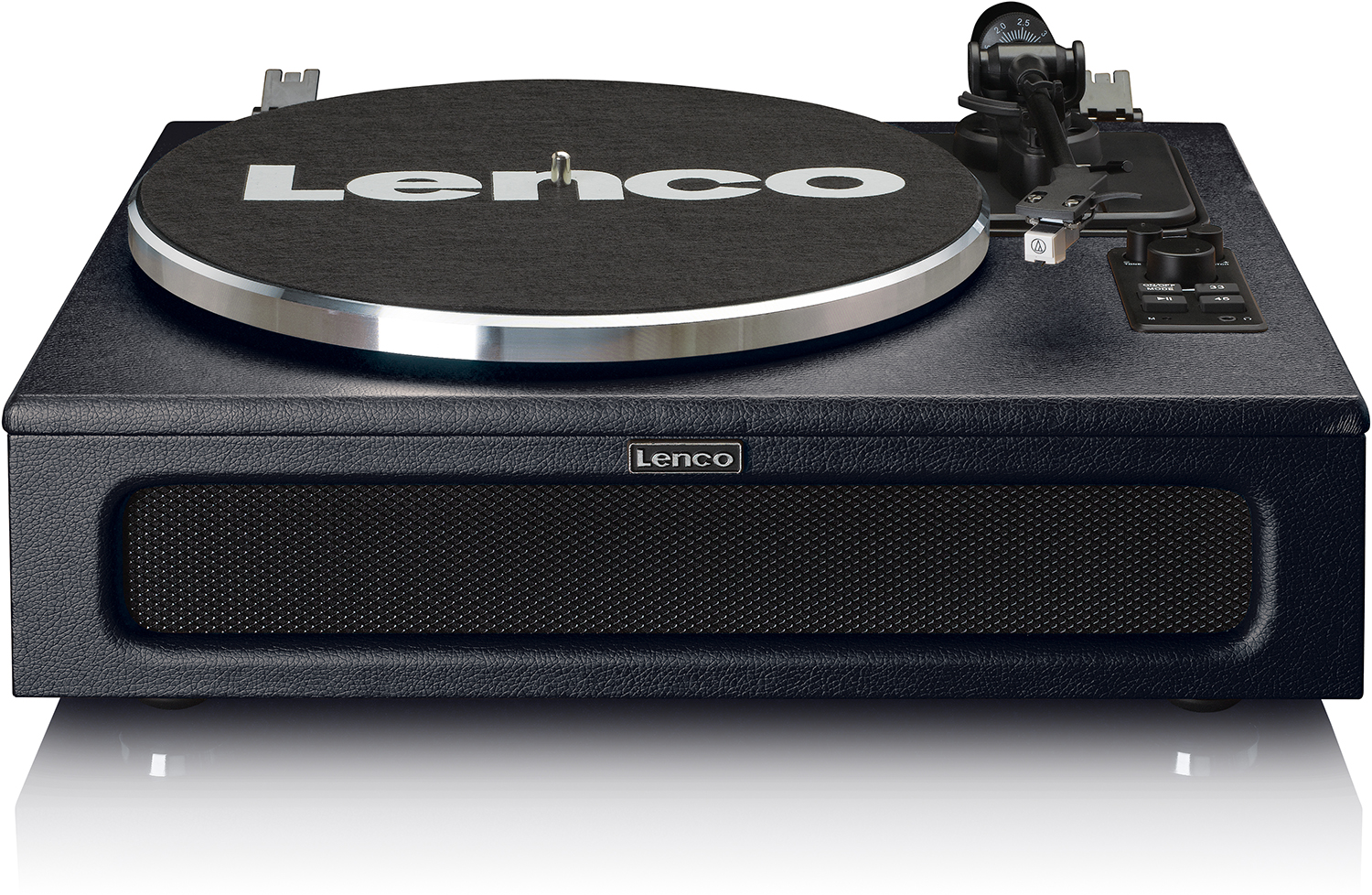 Black turntable with a black mat and silver rim. The Lenco logo is visible.