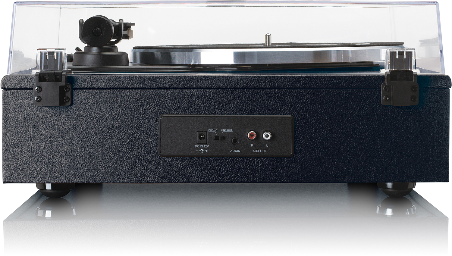 Black turntable rear panel with inputs and outputs, clear cover visible. White background.