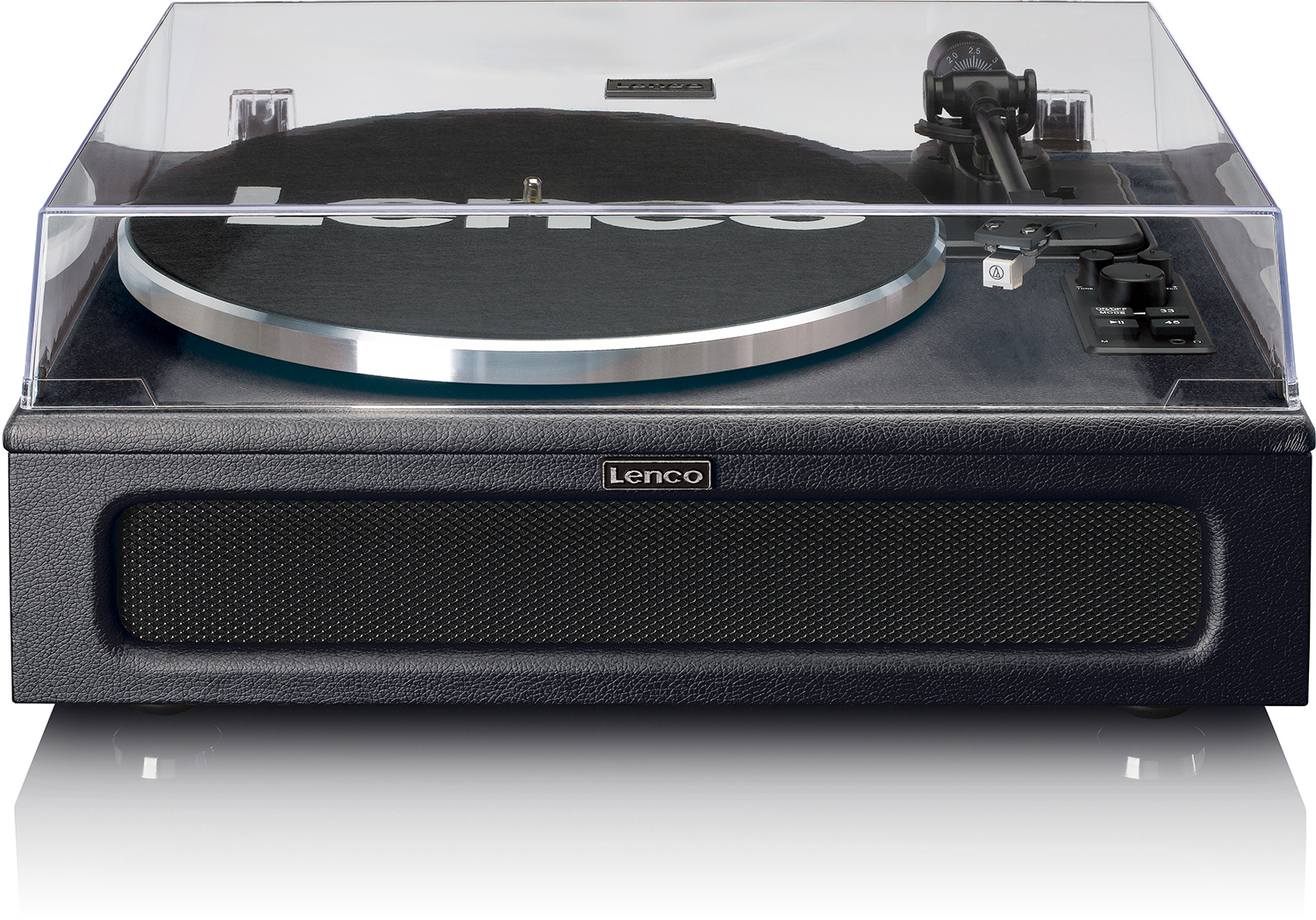 A black Lenco turntable with a clear cover. The turntable has a black speaker.