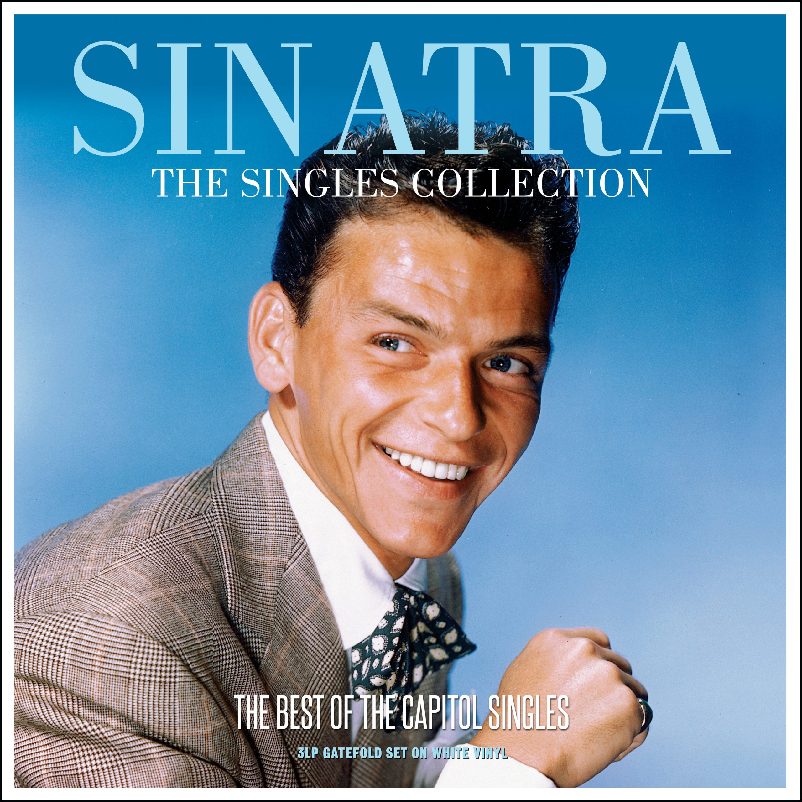 A 'Sinatra: The Singles Collection' album borítója Frank Sinatrával, amint egy kék háttéren mosolyog.