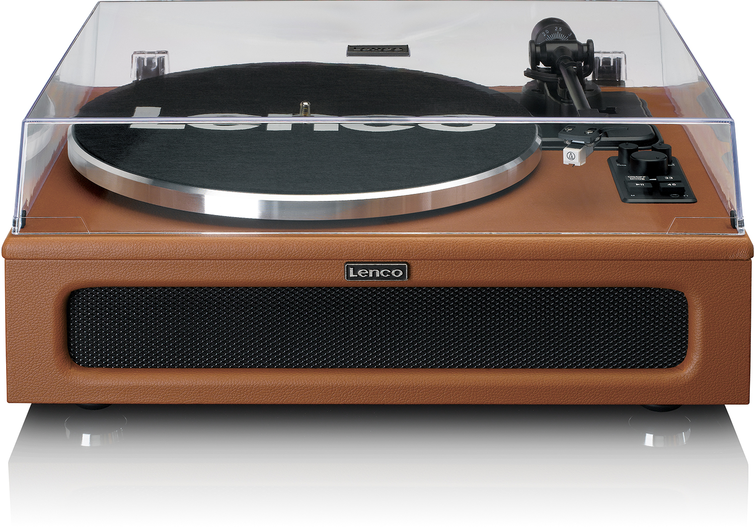 A brown and black Lenco turntable. It has a clear cover and a black speaker area.