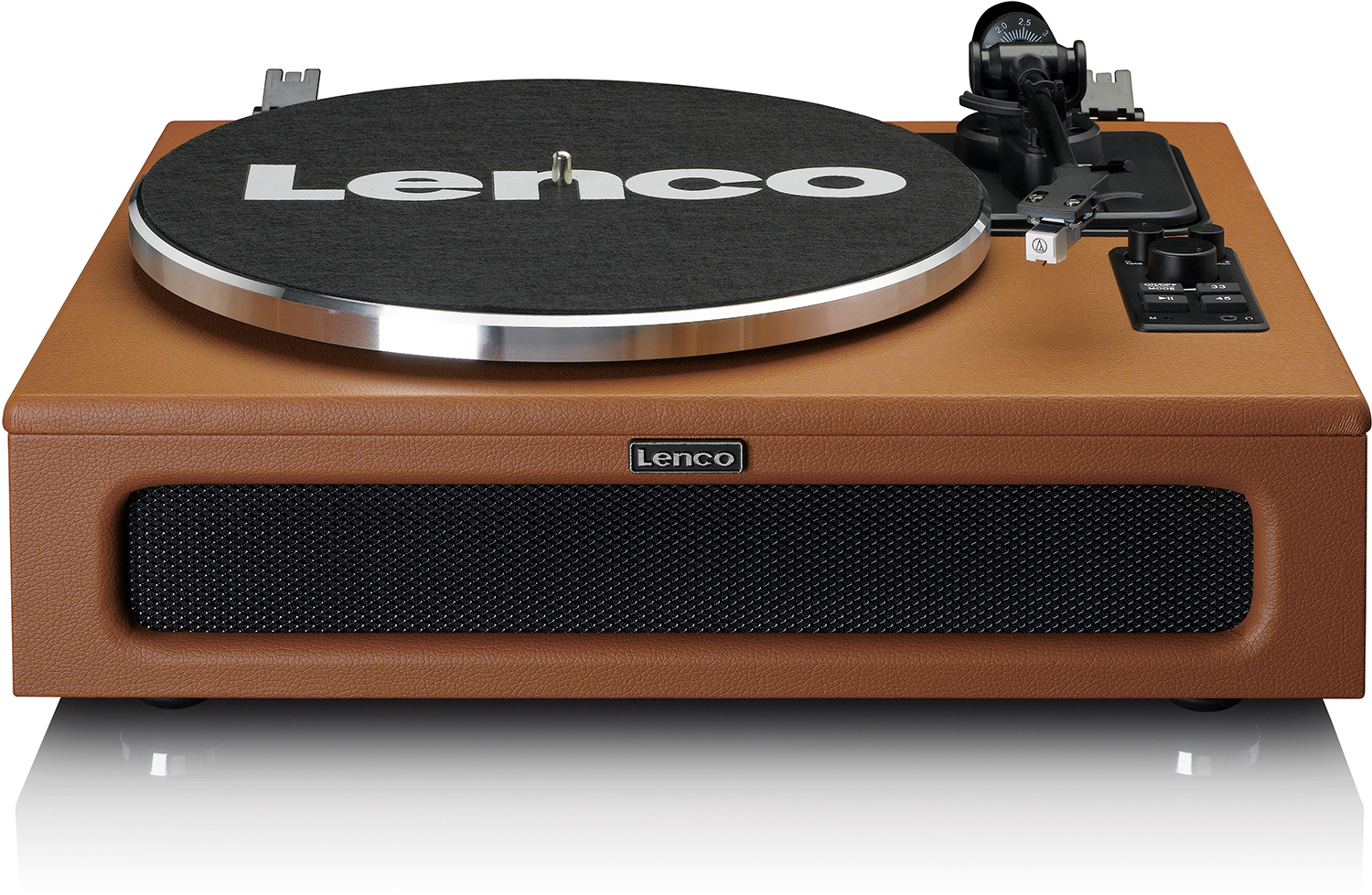 Brown turntable with black and silver details. It has a black speaker in front.