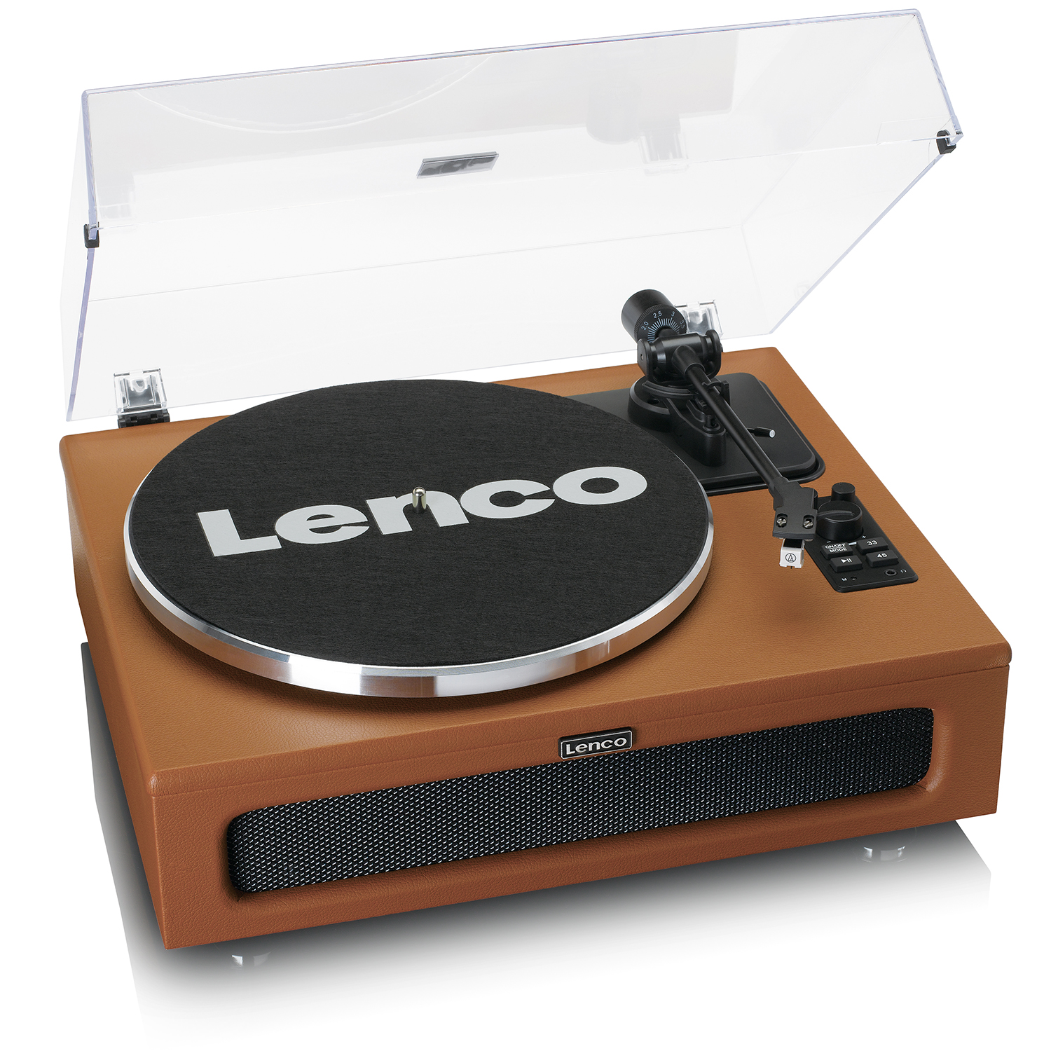 Brown Lenco turntable with a transparent cover. The turntable has a black center and speaker.