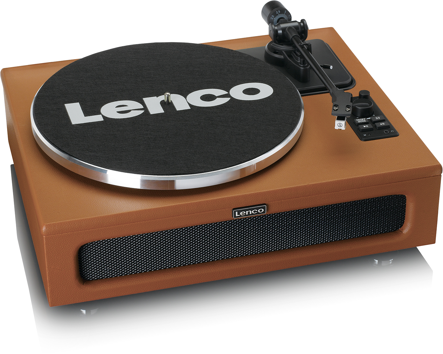 A brown Lenco turntable. The turntable has a black record and the Lenco logo.