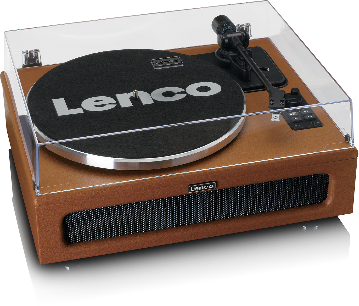 Brown record player with a clear cover and black speaker grill.