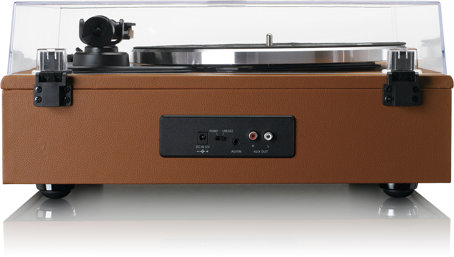 Back view of a brown record player showing the ports and connectors.