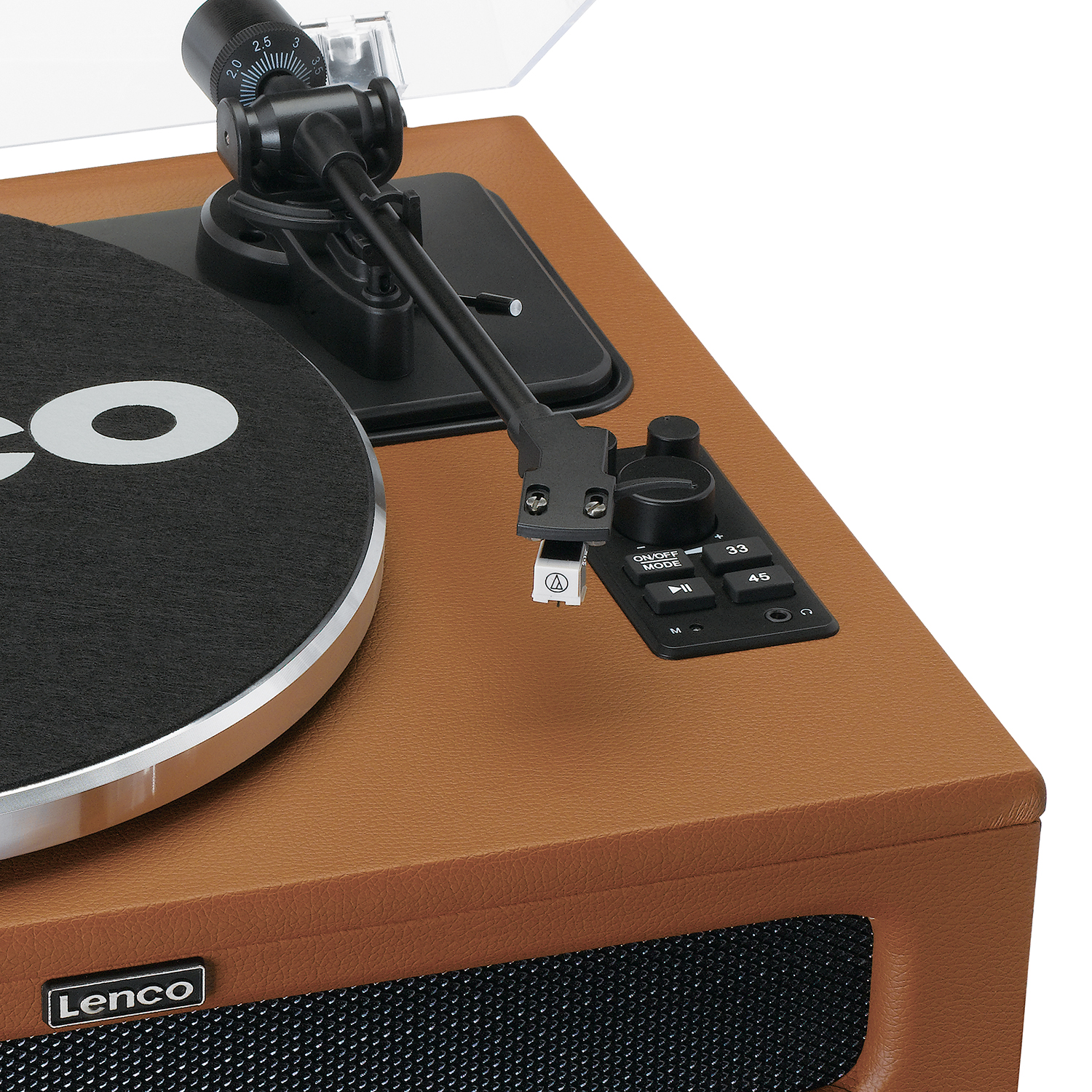 A brown vintage-style record player, showing the turntable and controls.