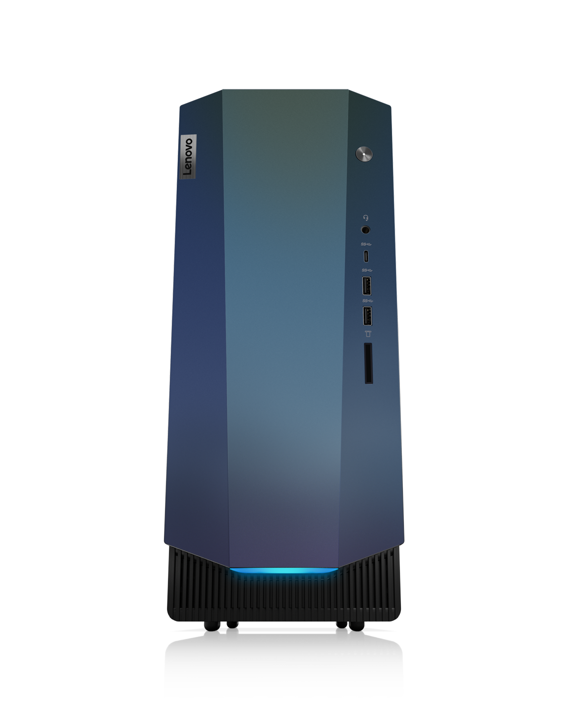 Ein Lenovo Gaming-Desktop-Computer mit einem farbwechselnden blau-violetten Design.