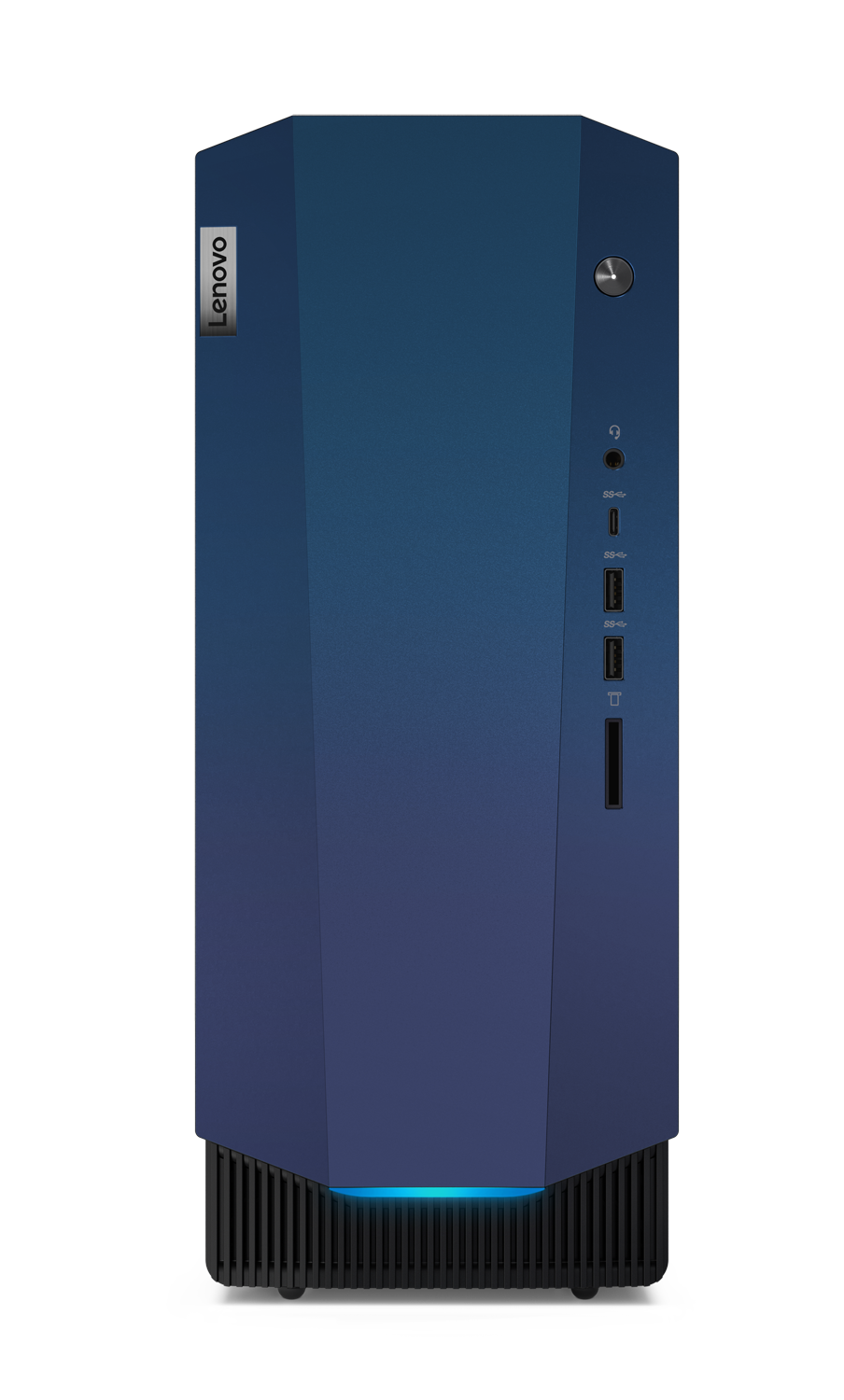Blauer Lenovo Desktop-Computer. Er hat verschiedene Anschlüsse und einen Einschaltknopf.