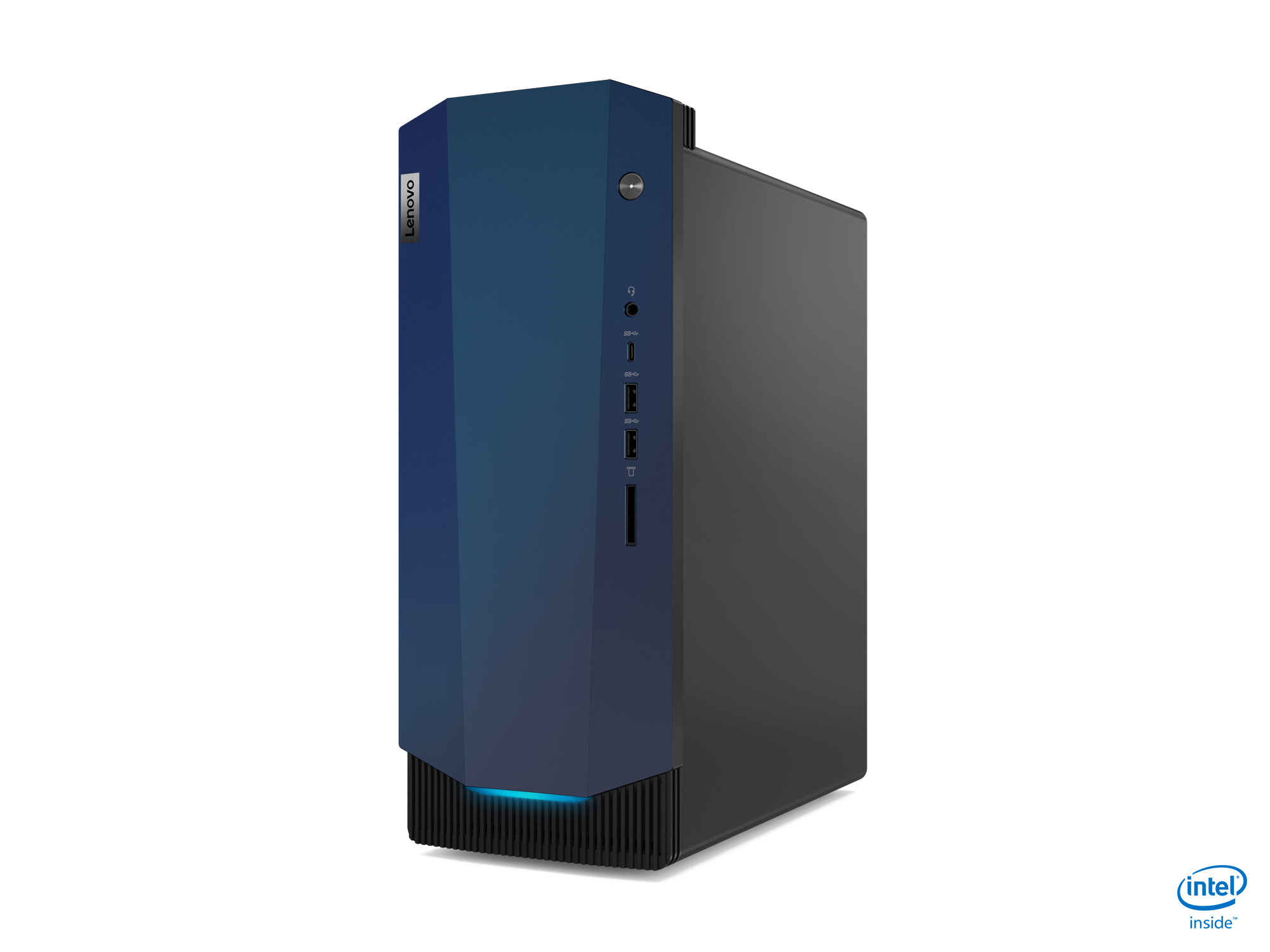 Blau-schwarzer Desktop-Computer mit Lenovo-Logo.