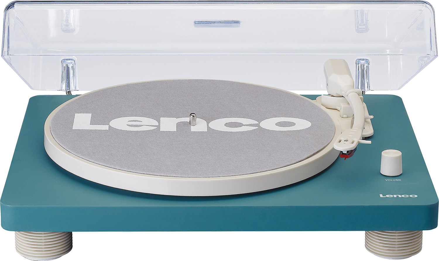 Turquoise Lenco platenspeler met een transparante deksel en witte details.