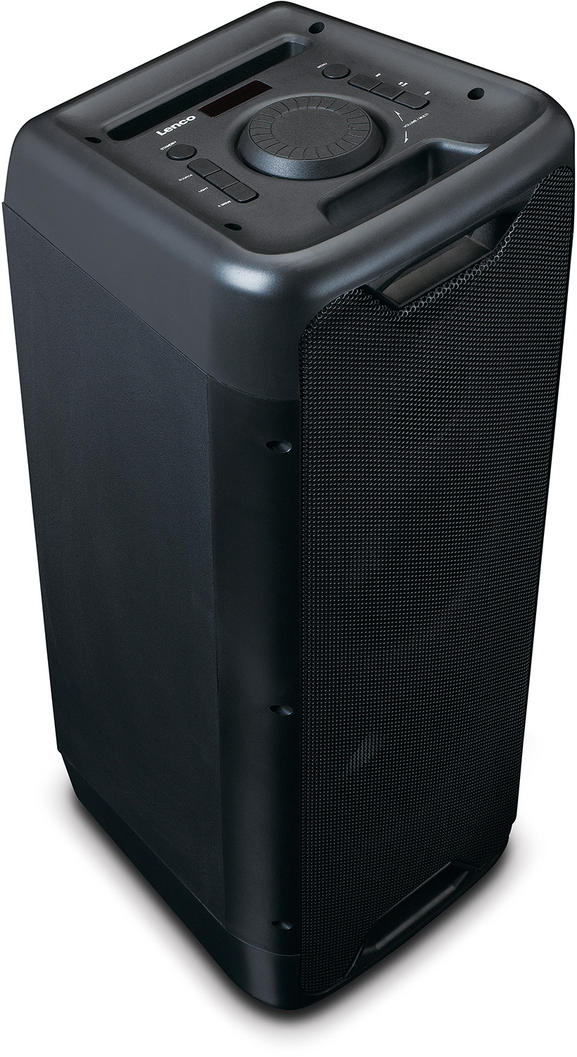 Schwarzer Lenco-Lautsprecher mit Bedienfeld oben und Mesh-Front. Griff an der Seite.