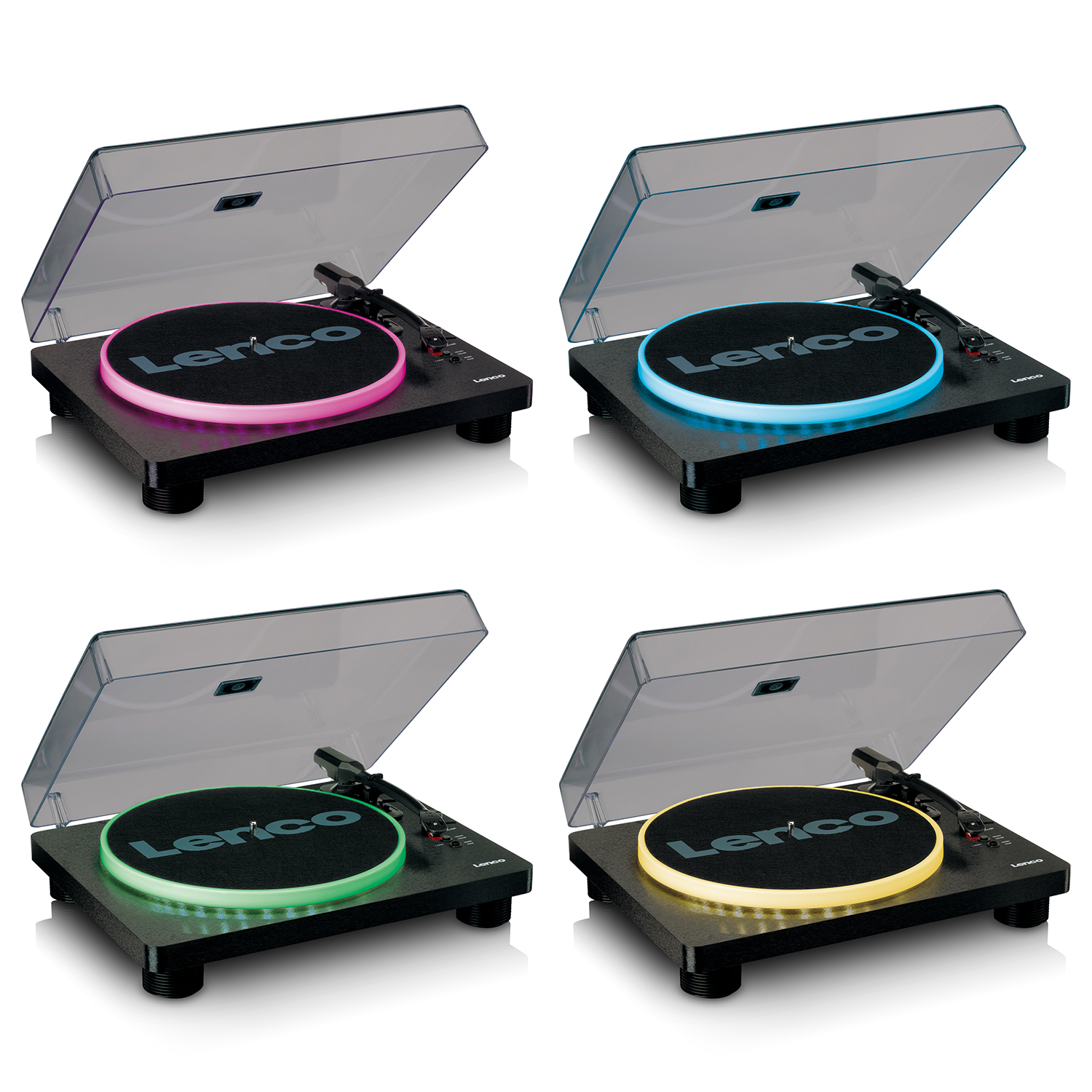 Vier draaitafels met verschillend gekleurde verlichte schotels: roze, blauw, groen en geel.