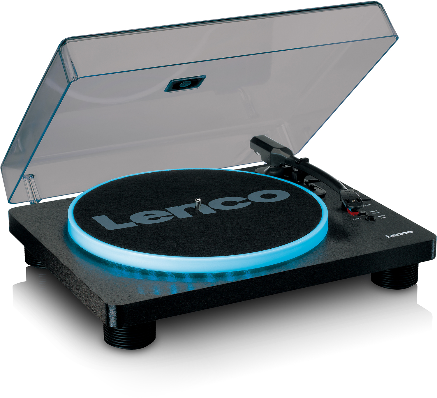 Een platenspeler met zwarte basis, blauw licht en een transparante hoes. Het label is Lenco.