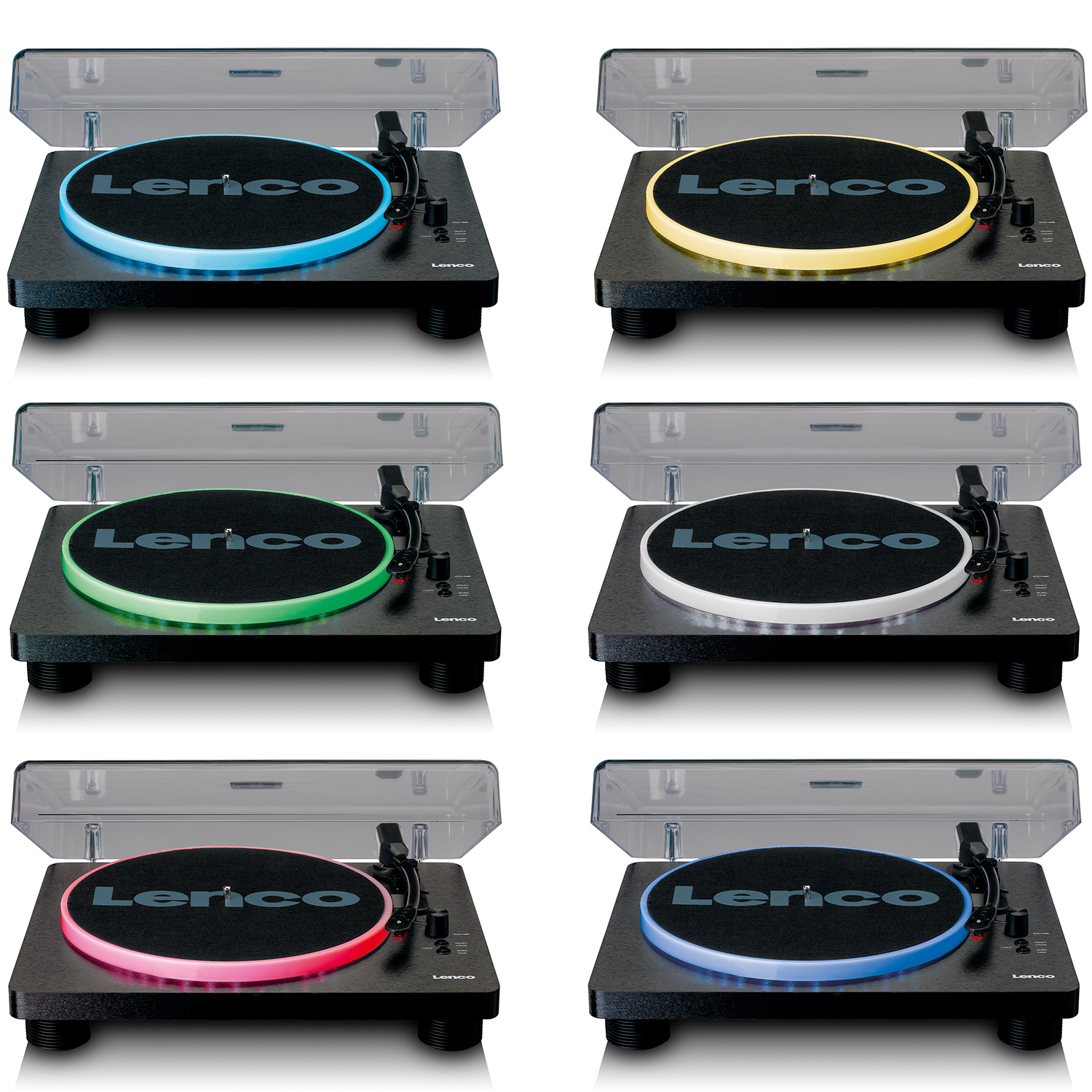Zes platenspelers op een rij, elk met een oplichtende schotel in een andere kleur: blauw, geel, groen, wit, rood en blauw.