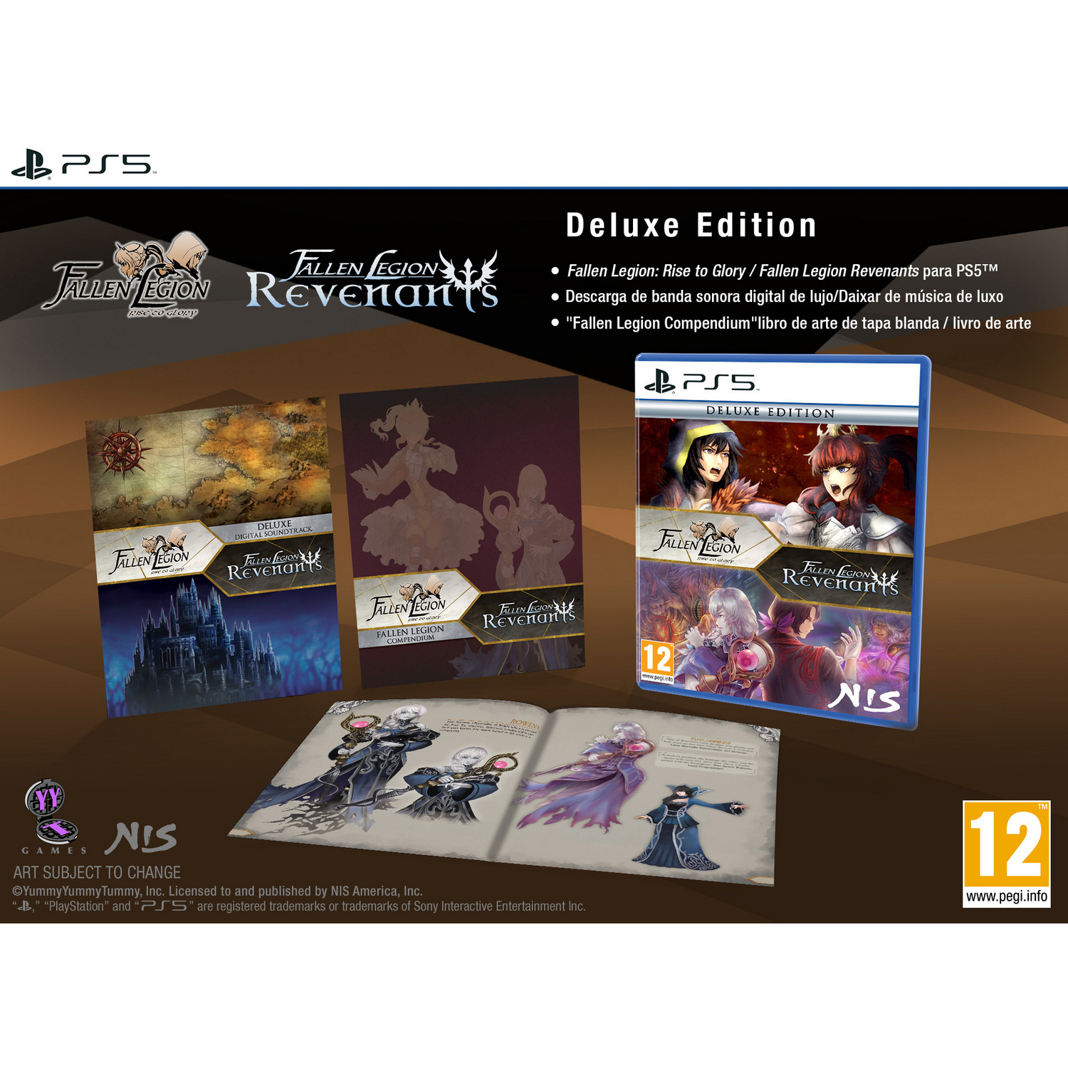 Caja de juego Deluxe Edition con arte de portada, contenido del juego y un libro abierto con ilustraciones.