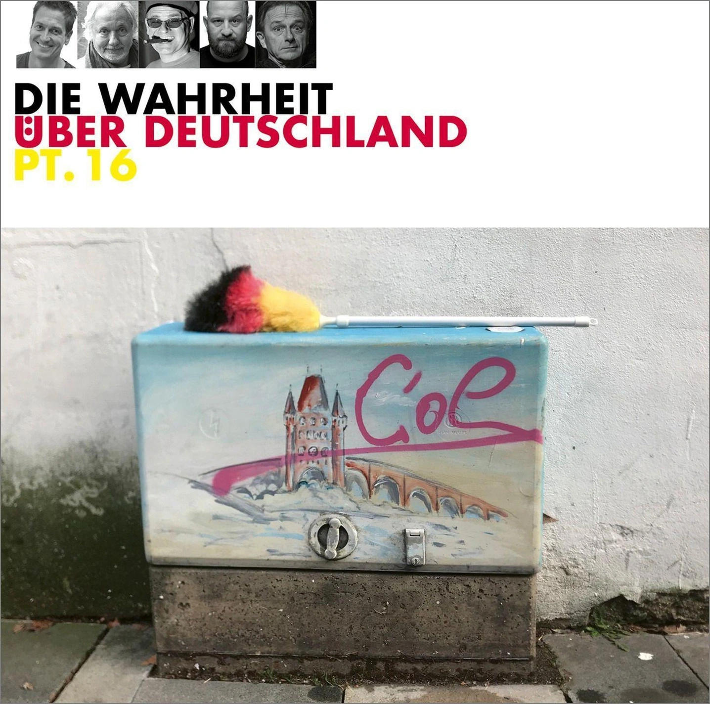 Graffiti-Kunst auf einem Stromkasten mit Text und Gebäude-Malerei.