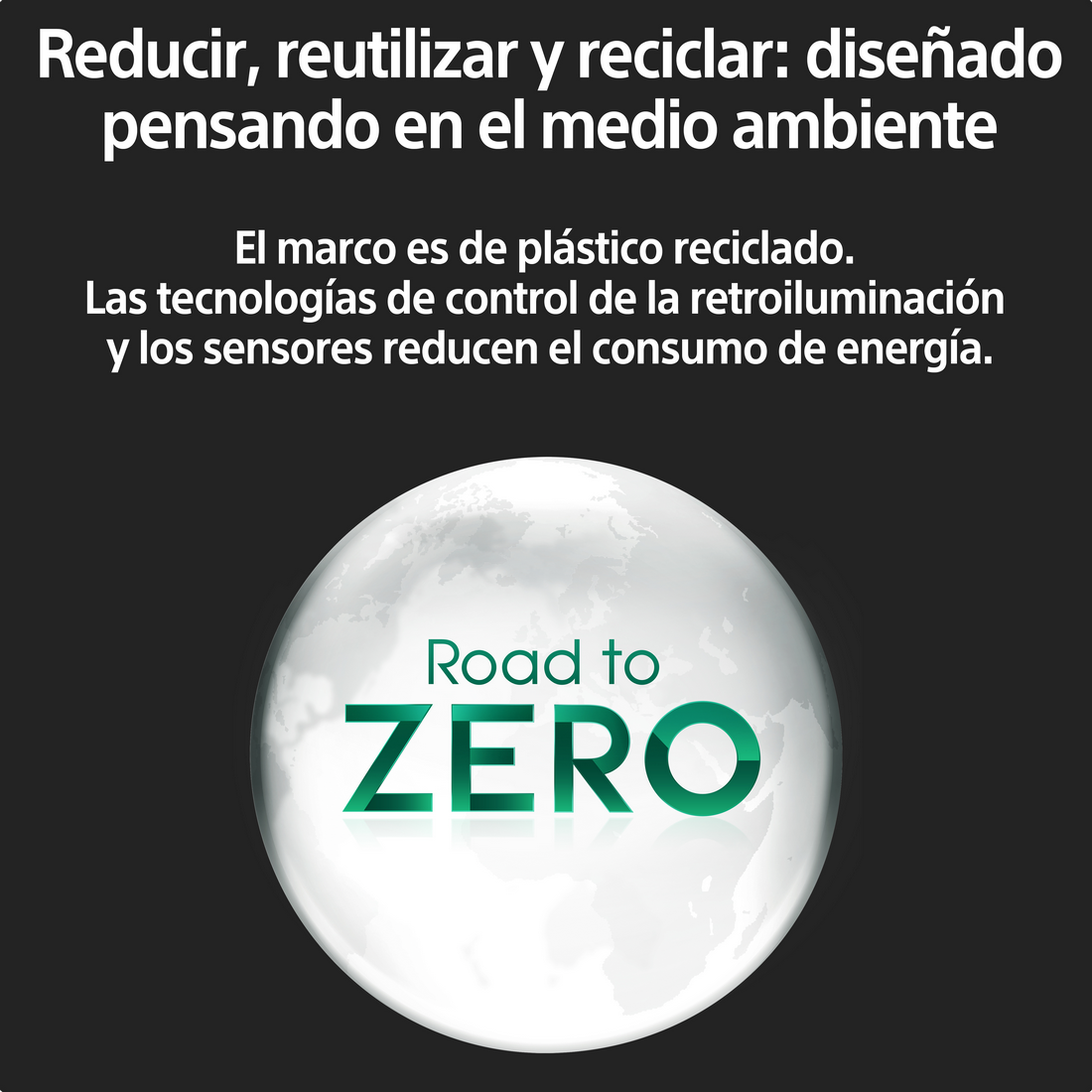 Globo blanco con texto 'Road to ZERO', rodeado de texto sobre reciclaje y medio ambiente.