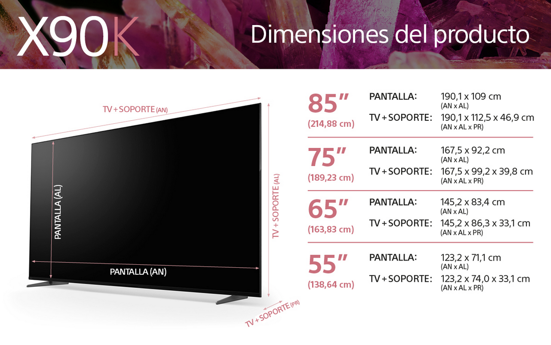 Una pantalla de TV con un gráfico que detalla los tamaños y dimensiones de diferentes modelos de TV.