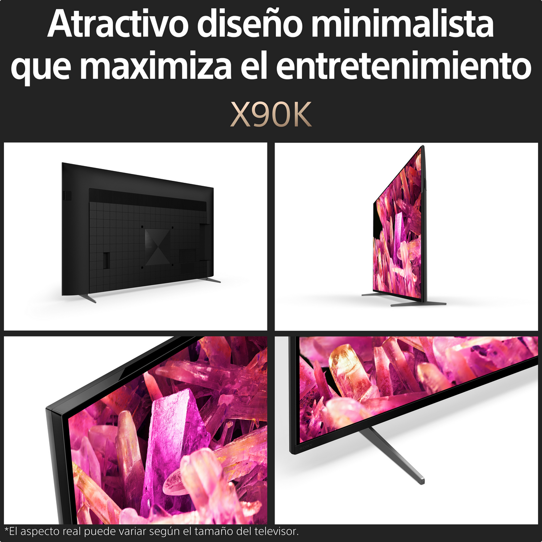 Una pantalla de TV desde diferentes vistas con texto en español. El televisor es negro.