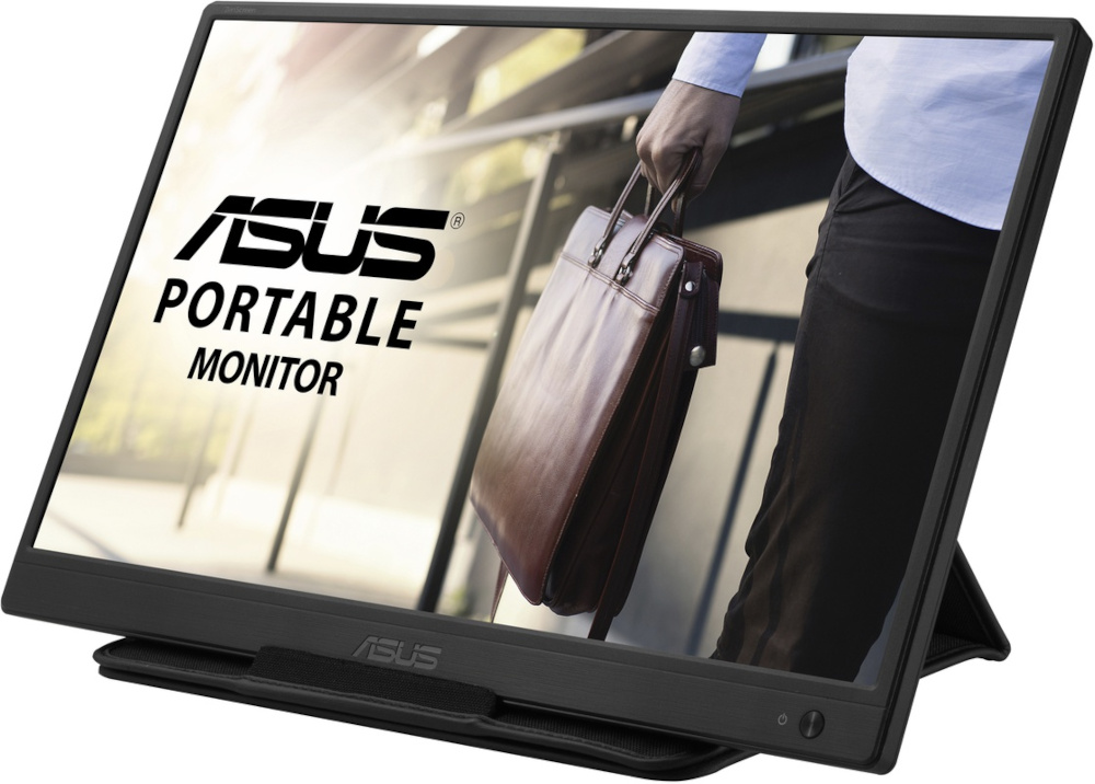 Un moniteur portable avec un cadre noir, soutenu par un support.