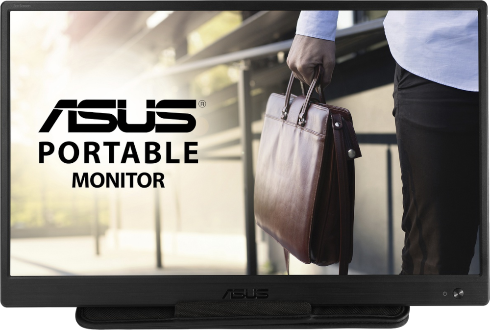 Moniteur portable ASUS. Un homme tient un sac devant l'écran.